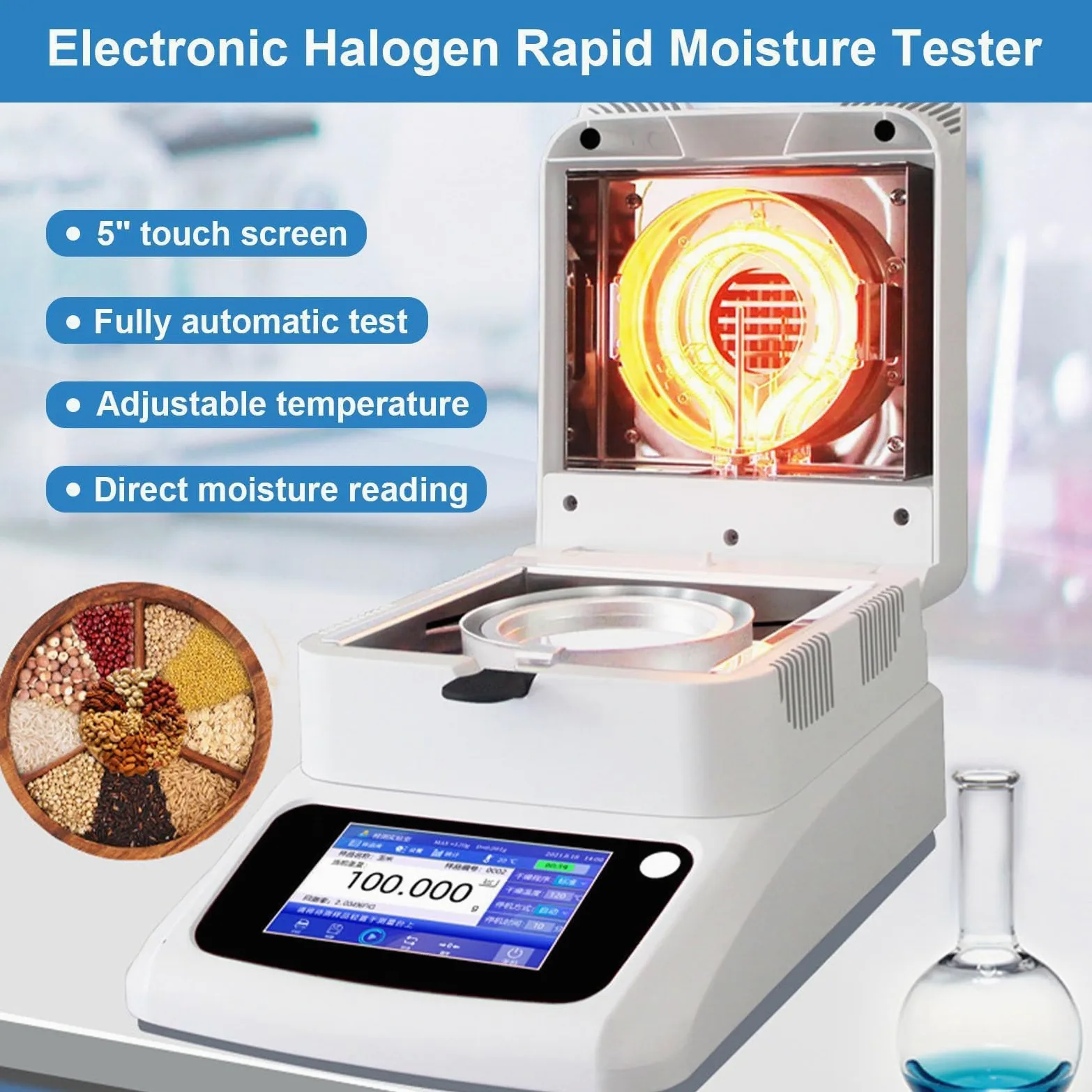 Humidimètre, analyseur halogène portable, précision de 0,01 %, 3 modes de séchage, 3 options d'arrêt, 40-230 °C, test rapide pour les aliments, les plantes et les matériaux de construction