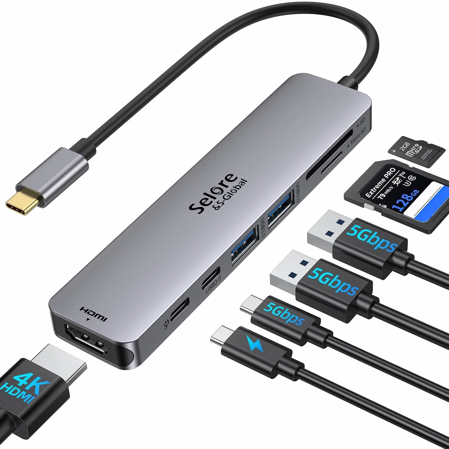 Selore Hub USB C 7-en-1 Adaptateur USB C HDMI 4K USB 3.0 Lecteur Carte SD/TF pour MacBook Pro 2020 MacBook Air 2020