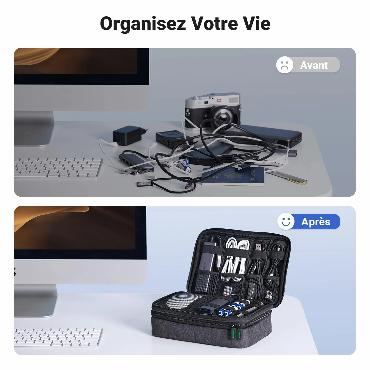 UGREEN Sac Câble Multifonctionnel Rangement Électronique Pochette Protection Voyage 2 Couches