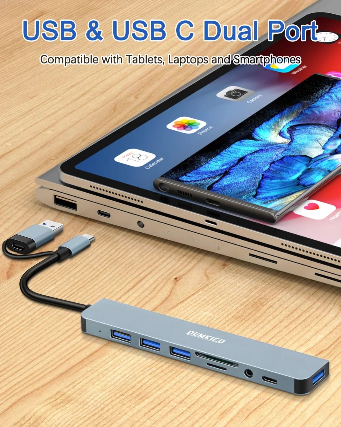 Hub USB C 8 en 1 avec 4 Ports USB, Lecteur SD/TF, Prise Casque 3,5 mm, Port USB C, Compatible MacBook Pro/Air, Tablettes, Smartphones - Gris