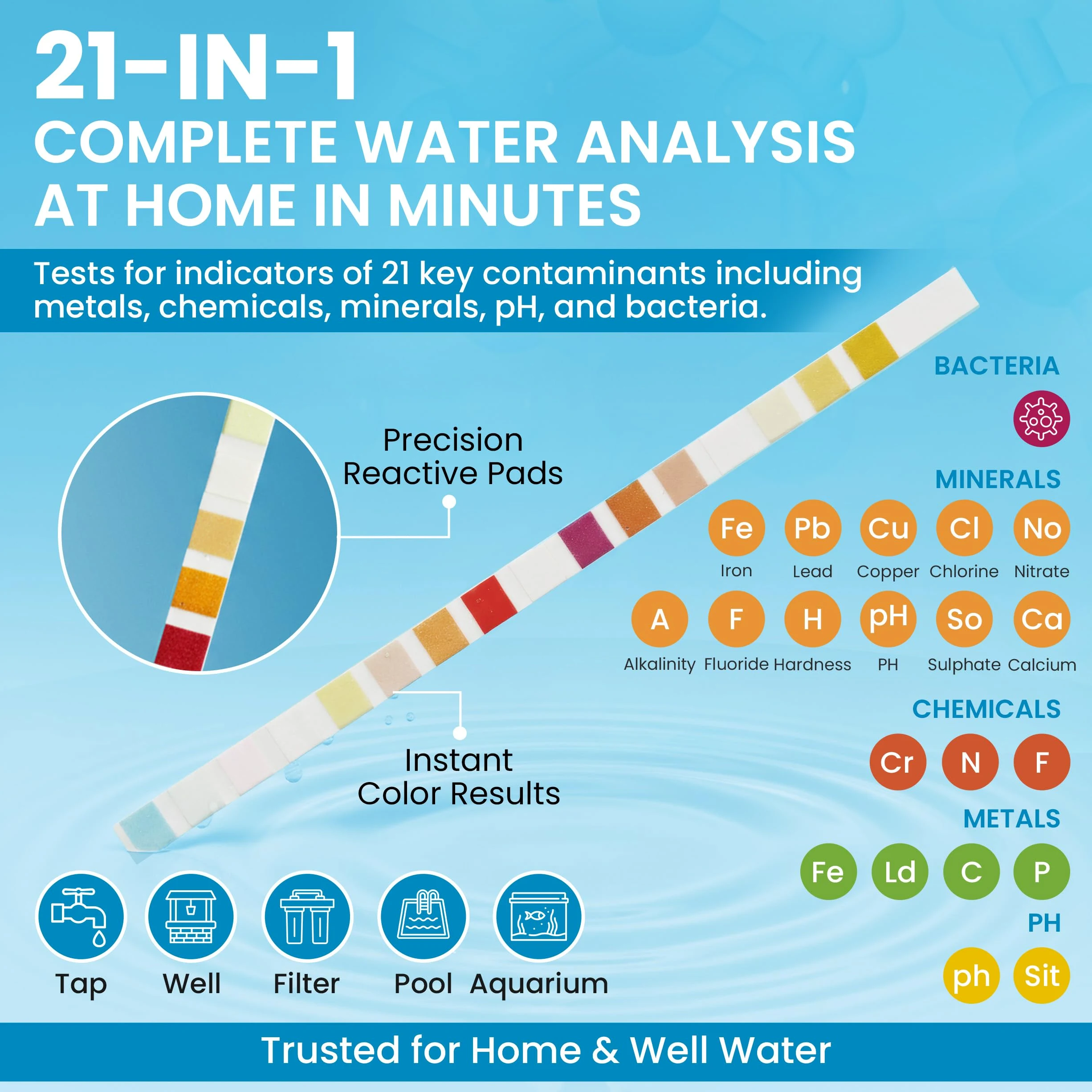 Kit de test d'eau potable 21 en 1 - 120 bandelettes de test d'eau + 2 tests de bactéries. Test de qualité de l'eau du robinet et du puits pour plomb, pH, dureté, chlore, nitrate