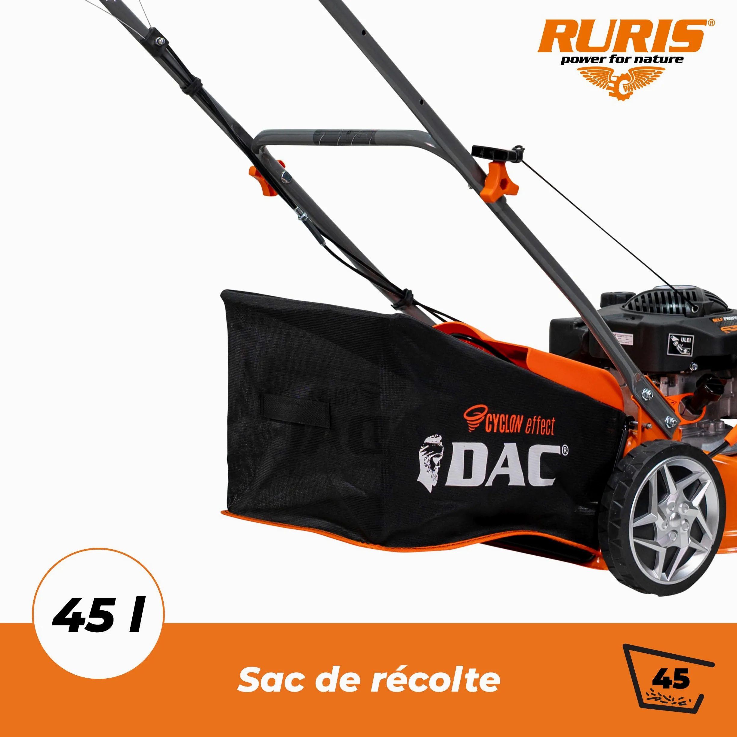RURIS Tondeuse à Gazon Thermique Autotractée DAC 110XLS – Moteur 3,3 CV 131 CC, Largeur de Coupe 400 mm, Hauteur réglable 25-65 mm, bac 45 L, éjection arrière, châssis en métal