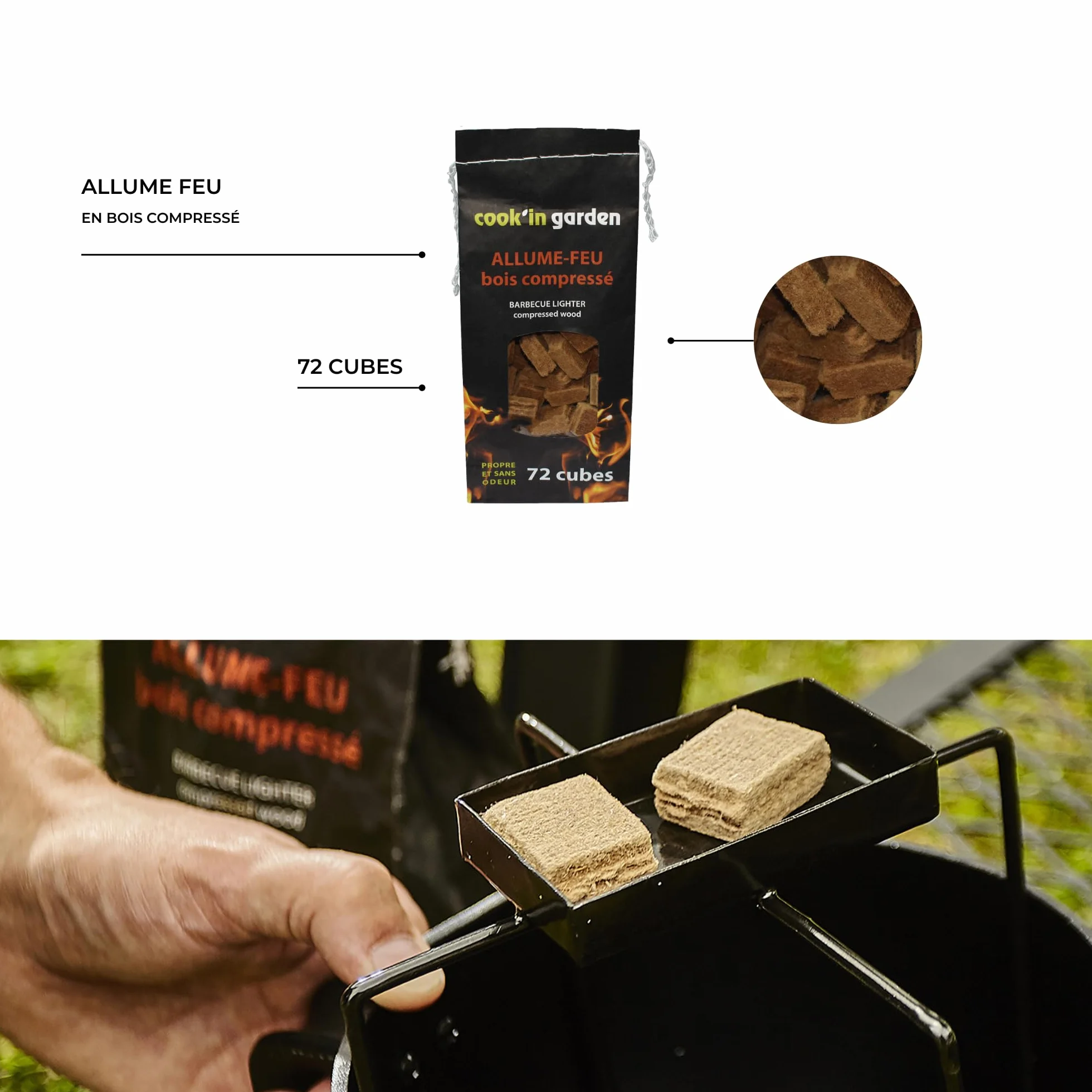 Cook’in Garden Allume-Feu Bois Compressé 72 Cubes 100% Naturels pour Barbecue Cheminée Brasero