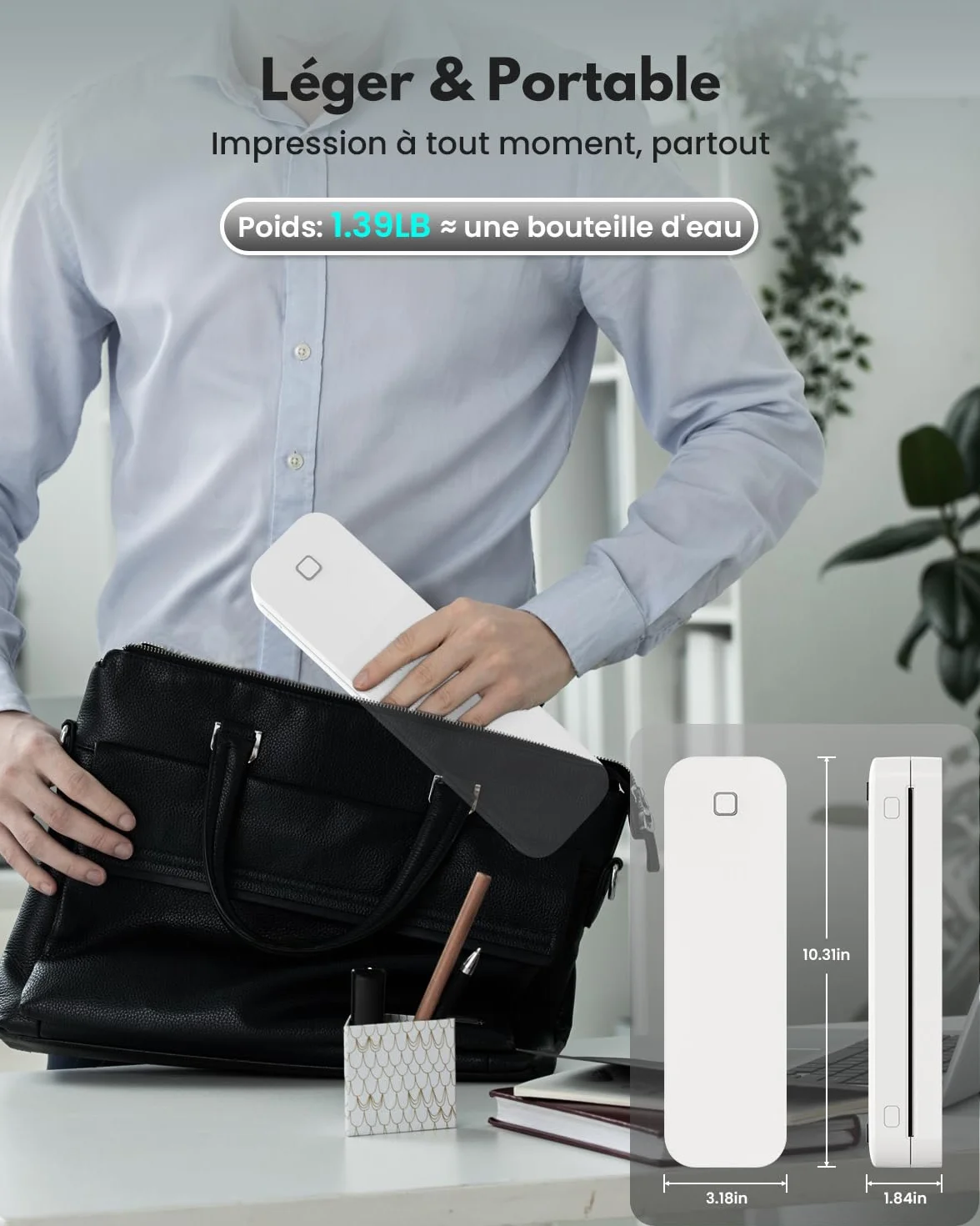 Imprimante Thermique Portable A4 sans Encre Bluetooth Compatible Android iOS Ordinateur