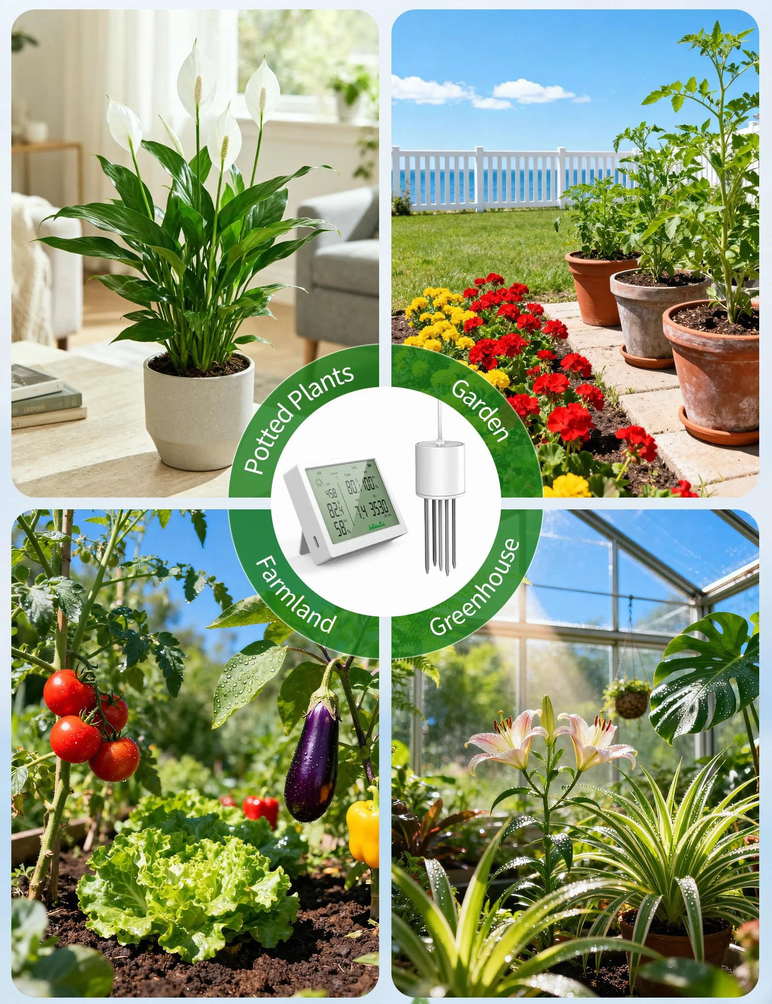 EXTSUD Testeur de pH du Sol 7 en 1, Testeur pour Humidité/Fertilité/pH/Température/Lumière/Humidité Ambiante/Température Ambiante, Humidimetre Hygrometre pour Pot de Fleurs Plante Jardin Ferme Cour