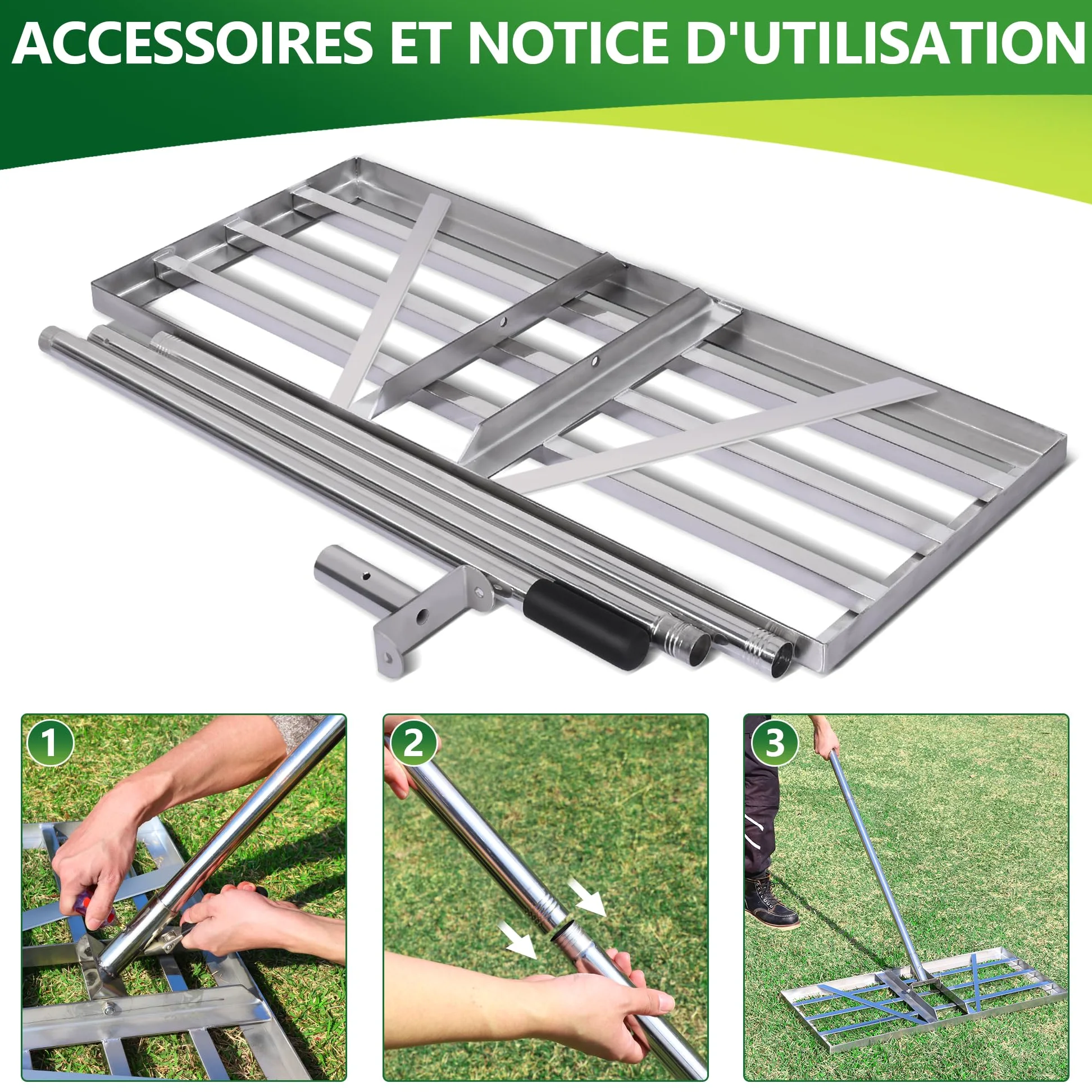 XIIW XXL Râteau de Nivellement Pelouse 85 x 35 cm, Manche Réglable 200 cm | Acier Inoxydable V2A Épaissi, Outil pour Niveler Gazon, Pelouse et Sol, Jardins, Terrains de Golf et de Football