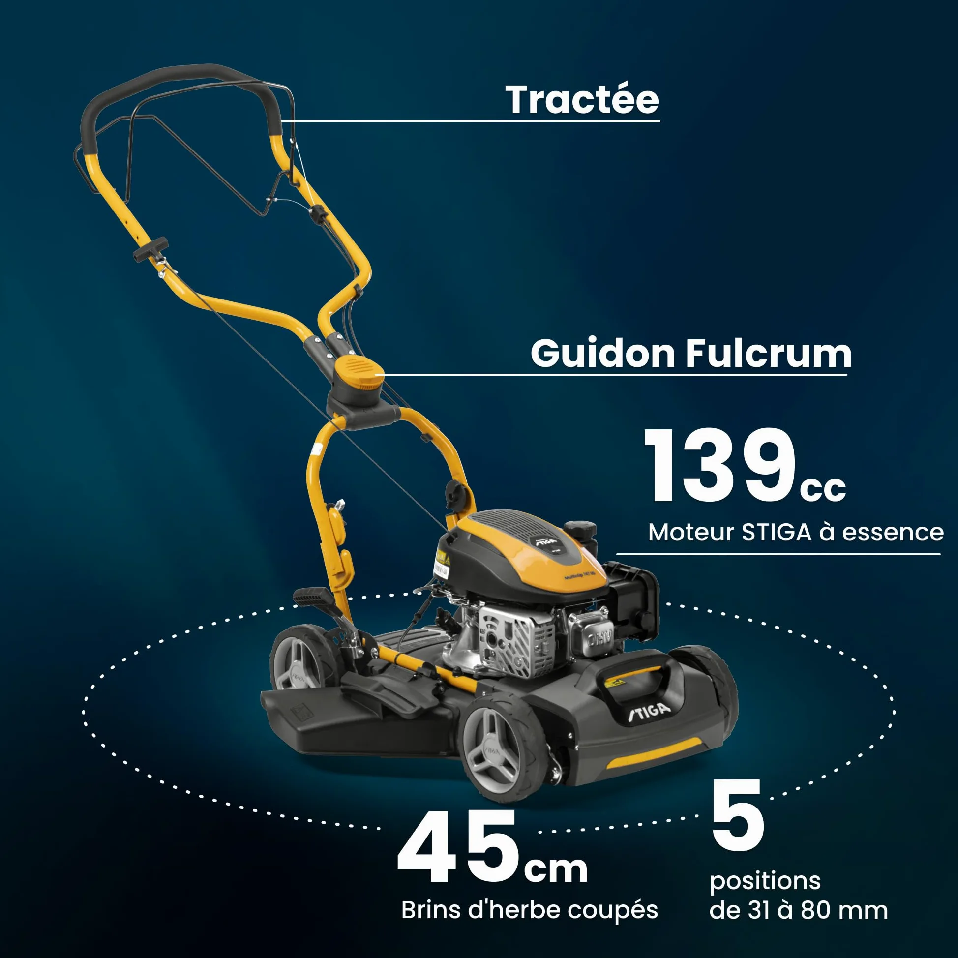 STIGA Multiclip 747 SD Tondeuse Thermique, 139 CC, 45 cm – Mulching Intégré, Guidon Fulcrum – Pelouses, Gris