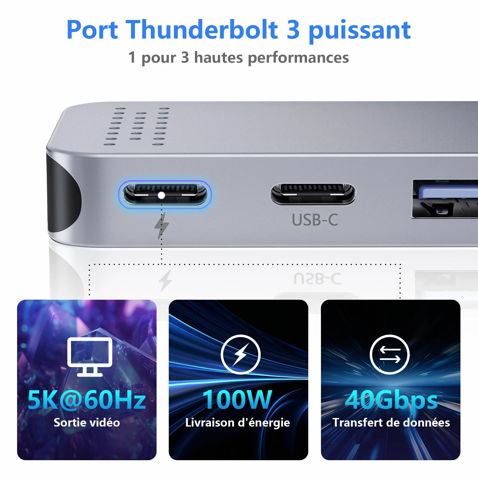 Hub USB C 8 en 2 Adaptateur HDMI 4K pour MacBook Pro/Air Thunderbolt 3 100W 40Gbps