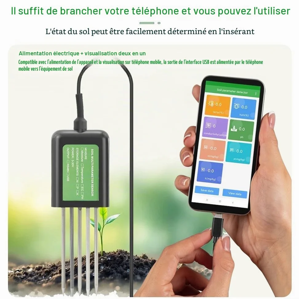 Bodenfeuchtesensor USB 8 en 1 avec PH/EC/Temperatur/Feuchtigkeitsmessung, IP68 wasserdichtes Epoxidharz und Metallsonde, kompatibel mit Android, noir