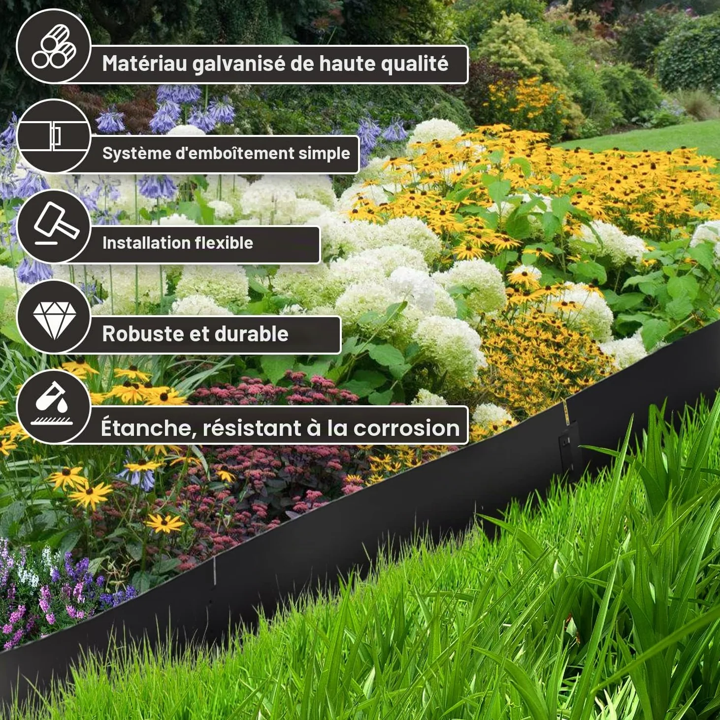 Bordure de gazon en métal 15m pour parterres de fleurs - Galvanisé 100x18 cm - Bordure de pelouse en métal servant de barrière racinaire, Noir