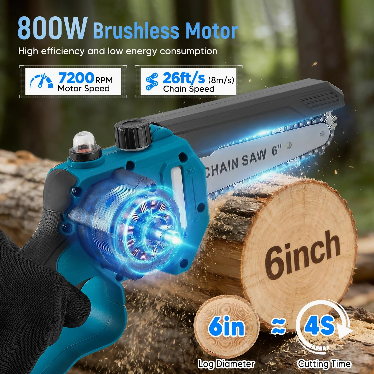 Élagueuse sur perche sans fil 4 en 1, mini tronçonneuse sans balais 6 et 8 pouces avec 2 batteries de 4000 mAh, portée de 4,6 m, outil de jardinage pour l'élagage et la coupe de branches