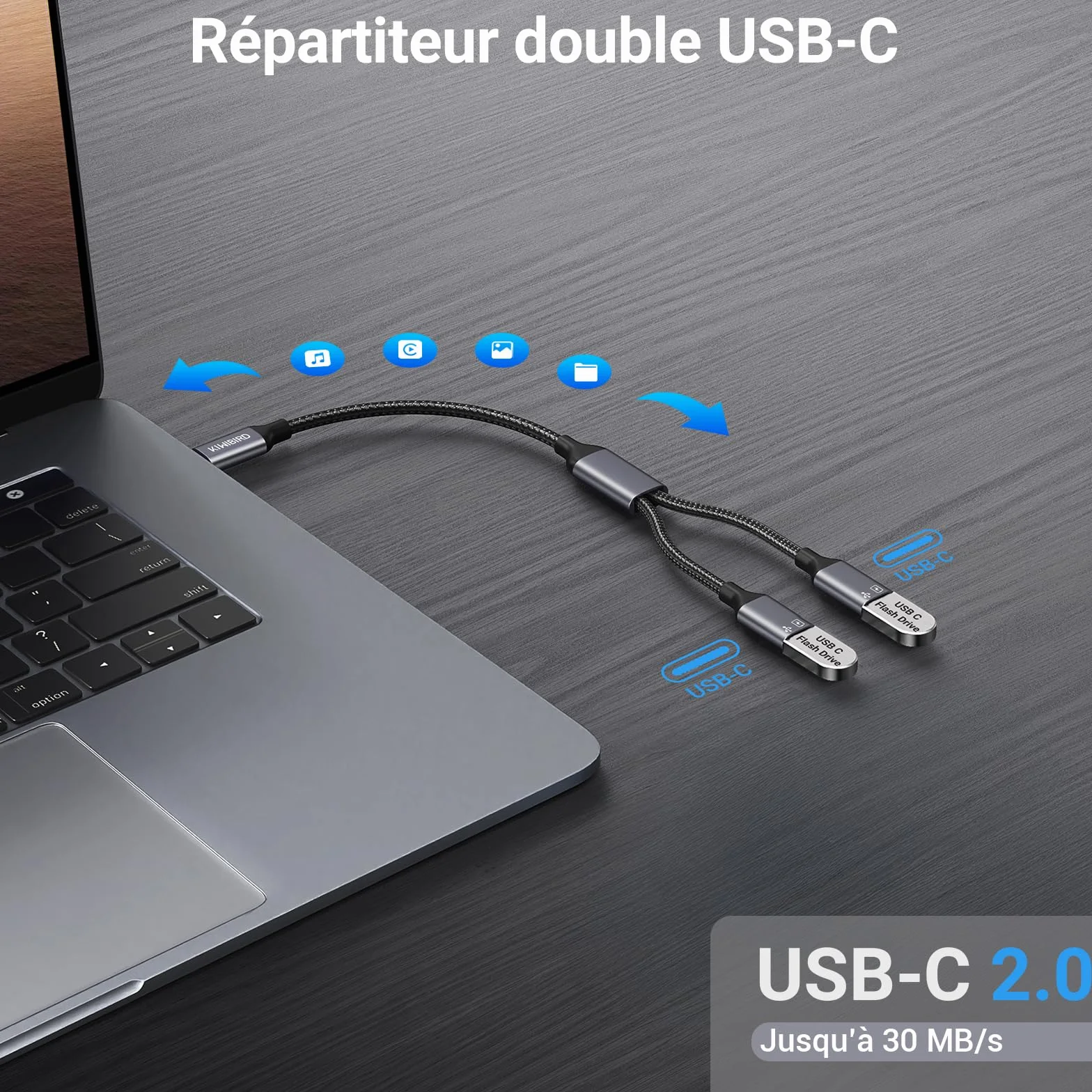 Adaptateur Double USB C mâle vers femelle KiwiBird pour charge données ordinateur portable Mac