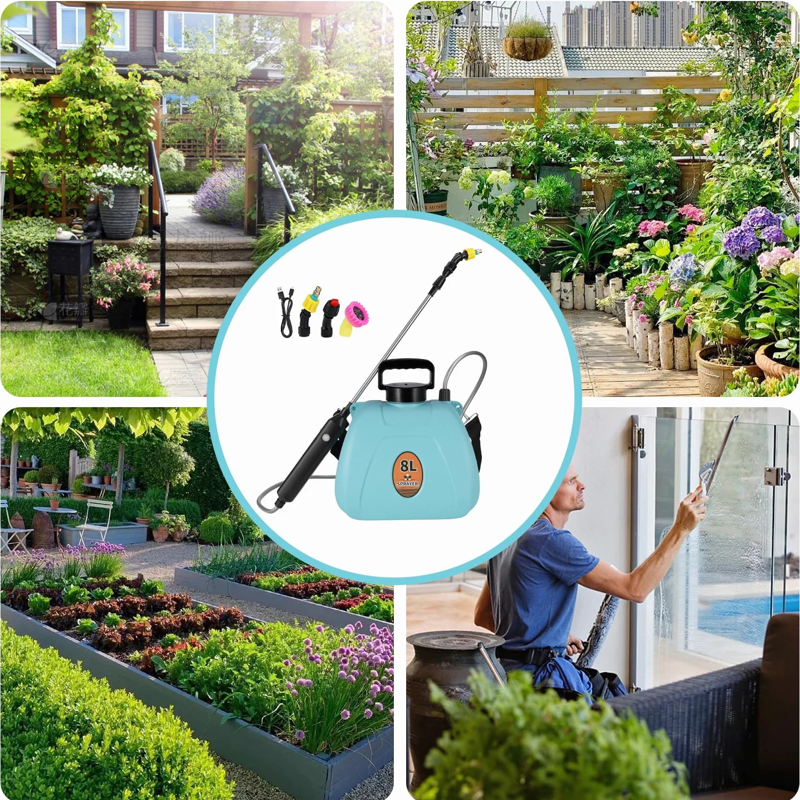 Pulvérisateur à Pression à Batterie 8L Pulvérisateur Électrique Puissant avec 3 Buses de Brume, Pulvérisateur de Jardin à Poignée Rechargeable avec Bandoulière Réglable (Bleu Clair)