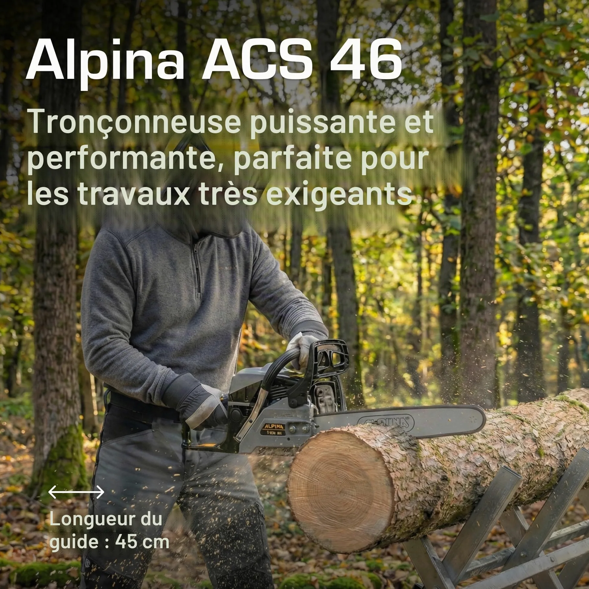ALPINA Tronçonneuse ACS 46 (18"), moteur à essence 45cm³ (1,8kW), guide-chaîne 45cm