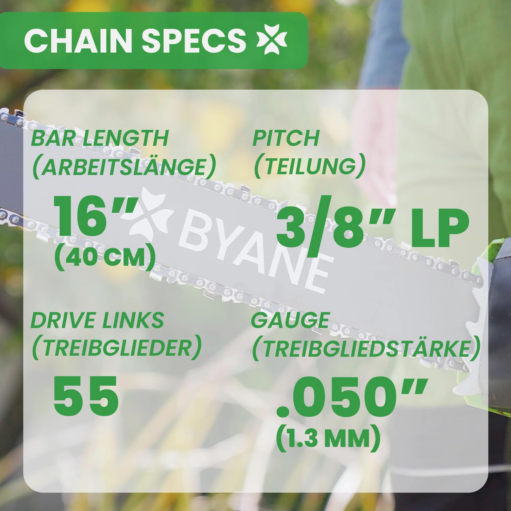 BYANE Chaîne carbure tronçonneuse 40 cm 3/8" LP 1,3 mm 55 maillons | Compatible avec STIHL 021, MS170, MS180, MS 210, MS 211, MS 220 et autres modèles