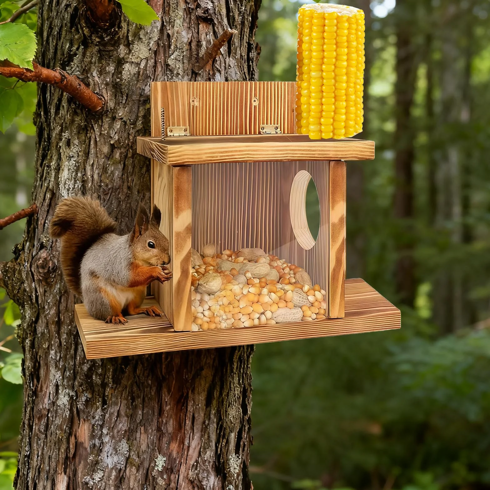 Mangeoire pour écureuils en bois avec distributeur d'eau, grande capacité, suspendue, 2 entrées pour jardin