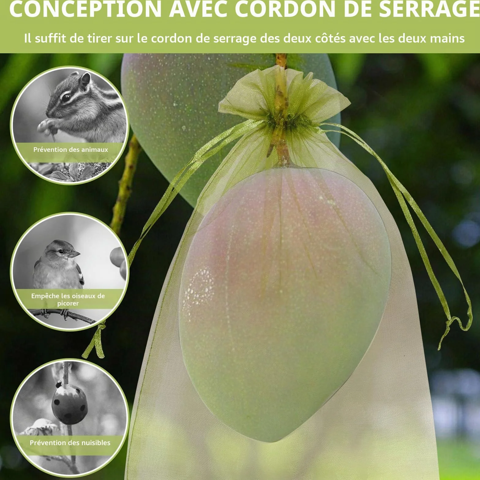 Sacs de protection pour raisins avec cordon de serrage 100 pièces - Réutilisables et respirants pour fruits (23 x 17 cm)