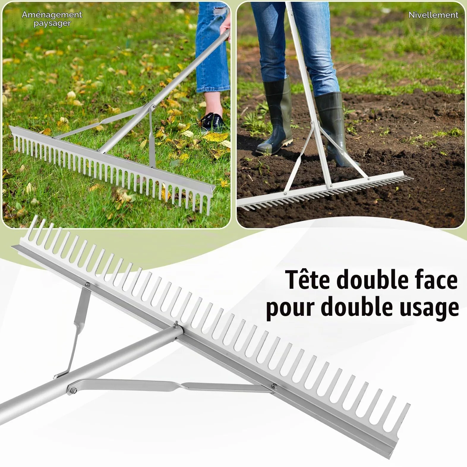GOPLUS Râteau de Paysage, Râteau Jardin en Aluminium avec Tête Double Face de 91 cm, 36 Dents, Manche Antidérapant 174 cm, pour Niveler, Ameublir Le Sol, Entretien Pelouse, Lac et Plage