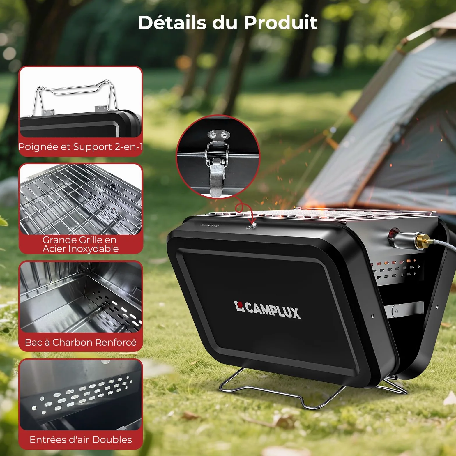 CAMPLUX FoldGo Barbecue Portable 2-en-1 Gaz Charbon Camping, FG16GB | Grille 32x23,5 cm, 2 kW, Design Pliable Compact, Parfait pour Camping, Randonnée et Voyages