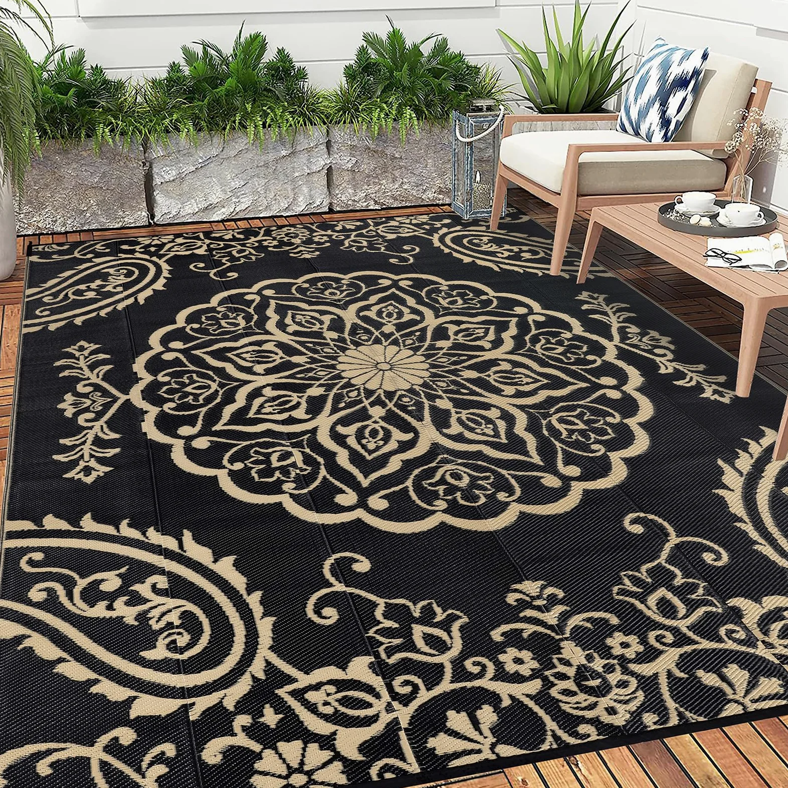 Pauwer Tapis d'extérieur imperméable 2,4 x 3 m – Tapis réversible en paille en plastique pour extérieur, camping, camping-car, pique-nique, jardin, terrasse, balcon, porche