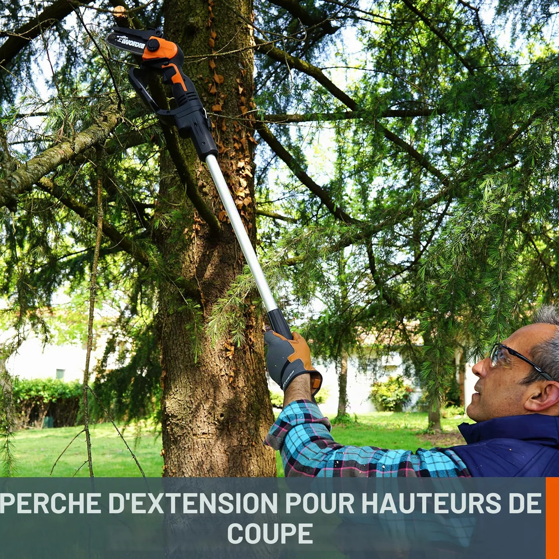 WORX Tronçonneuse Sans Fil WG324E.1 20V Max guide 5"/12cm avec Perche 125cm | Réglage Sans Outil Mini-tronçonneuse/Élagueuse,Perche Télescopique,PowerShare 2.0Ah Batterie et Chargeur Inclus pour Élagage