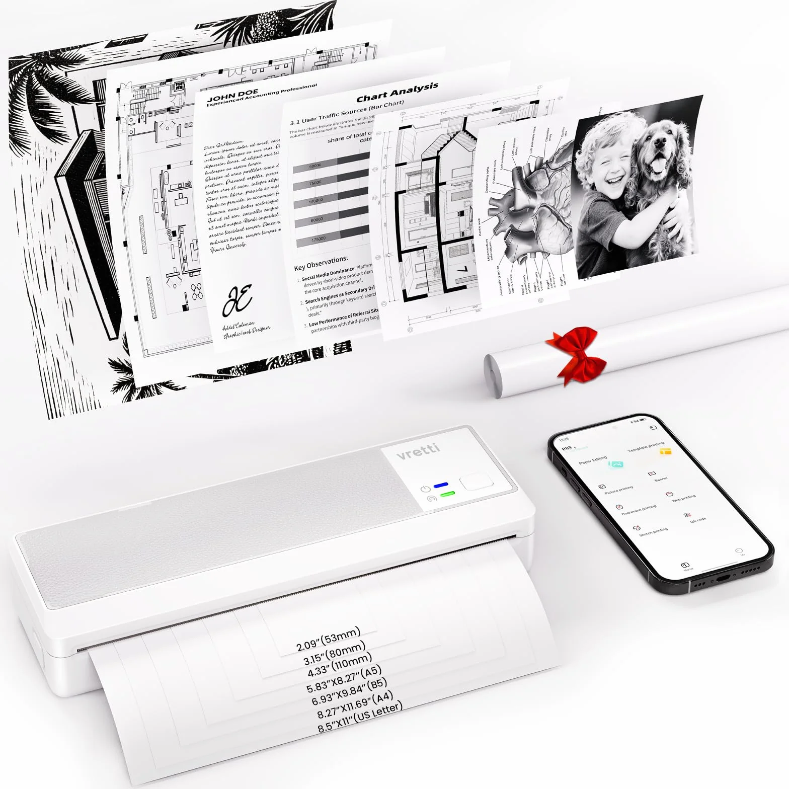 vretti Imprimante Mobile A4 Thermique Compatible Android iOS 210 x 297 mm