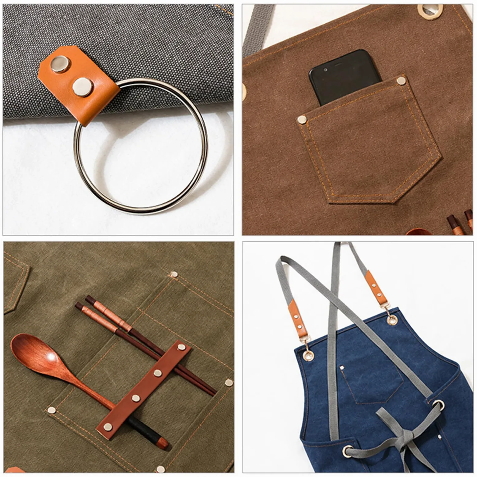 Tabliers, Tablier de chef croisé for homme et femme, avec bretelles réglables grandes poches, en toile, bleu