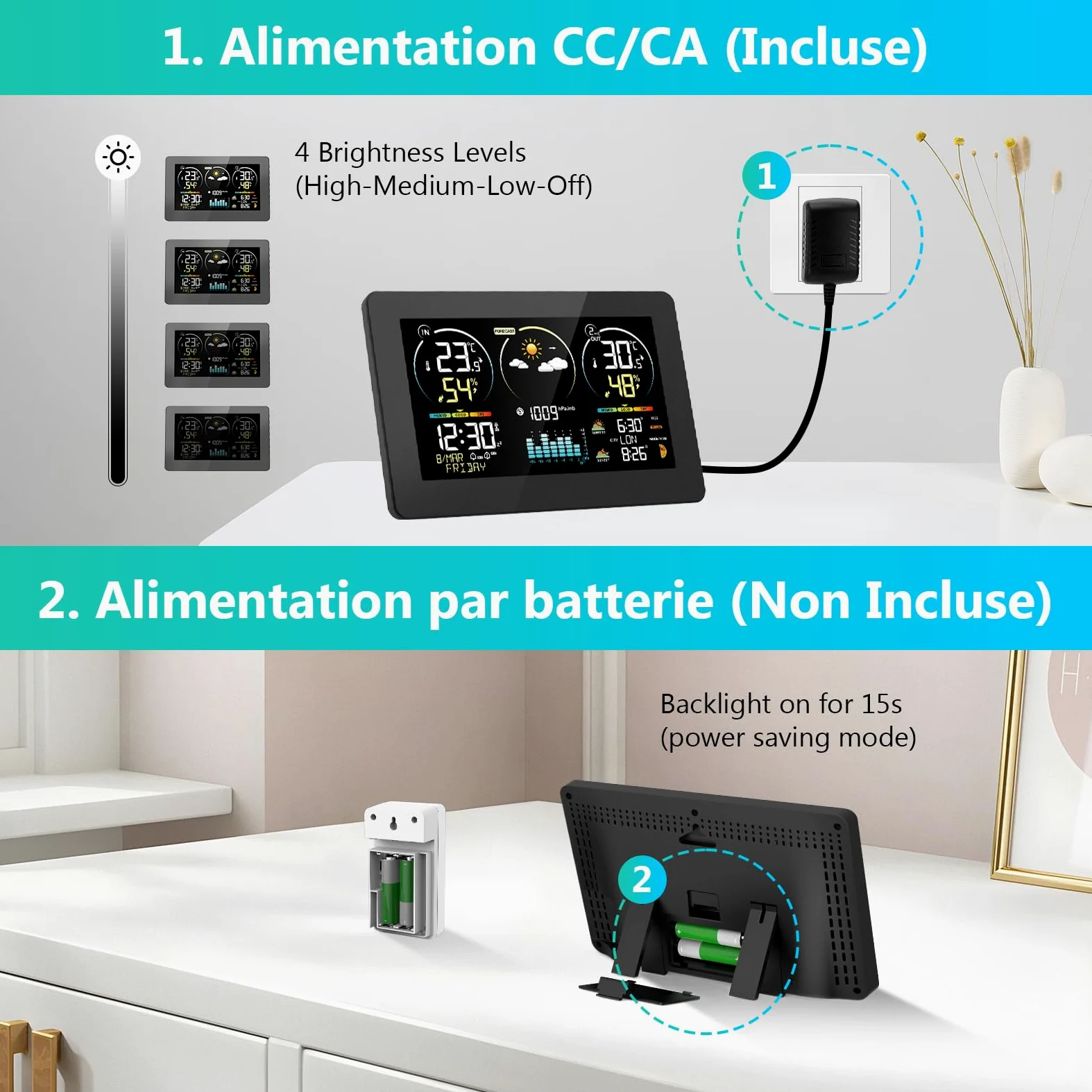 Station Météo Intérieur Extérieur Sans Fil avec 1 Capteur Extérieur | Thermomètre Hygromètre Digital, Écran LCD Couleur, Horloge Radio-commandée, Réveil Snooze, Calendrier, Prévisions Météo