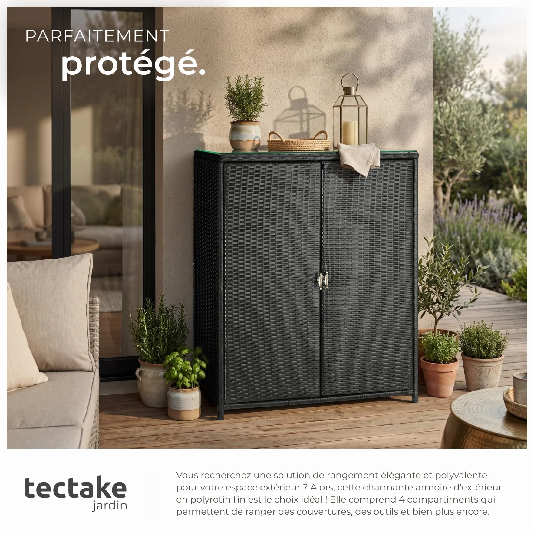 Tectake Armoire de Jardin 84,5x40,5x103,5 cm Résine tressée Aluminium 2 Portes 3 étagères 75 kg