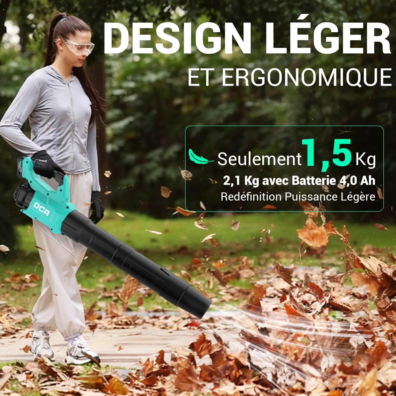 DCA Souffleur de Feuilles sans Fil 20V avec Moteur Brushless, Débit d'air 820 m³/h & 193 km/h, Batterie 4.0Ah Incluse, Ultra-Léger 1,5kg, Variateur de Vitesse pour Jardin, Allées et Poussière