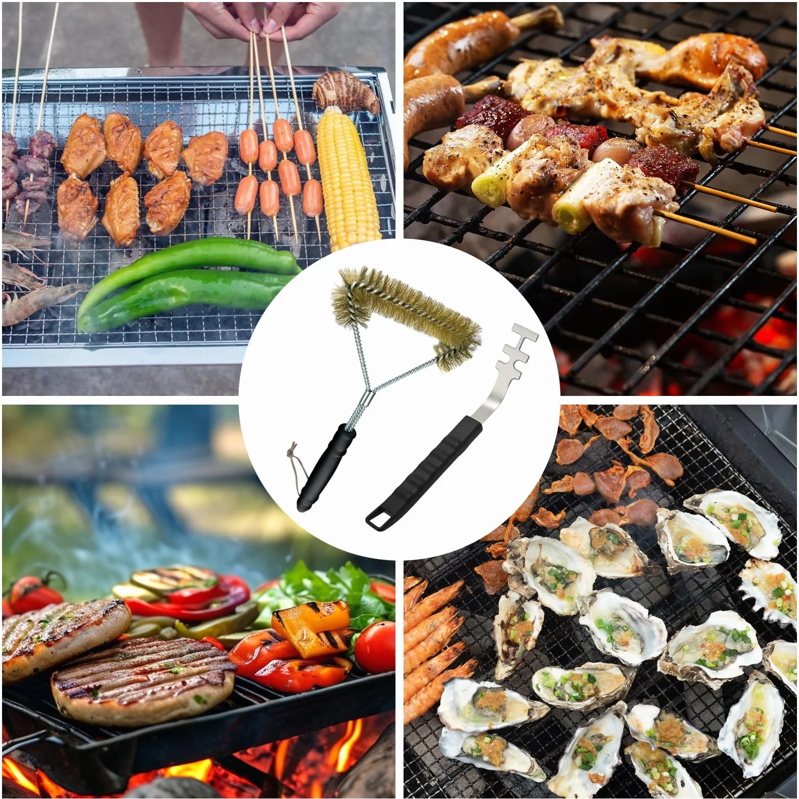 Lot de 2 lève-grille barbecue résistants à la chaleur + brosse 3 côtés, acier inoxydable, accessoires camping