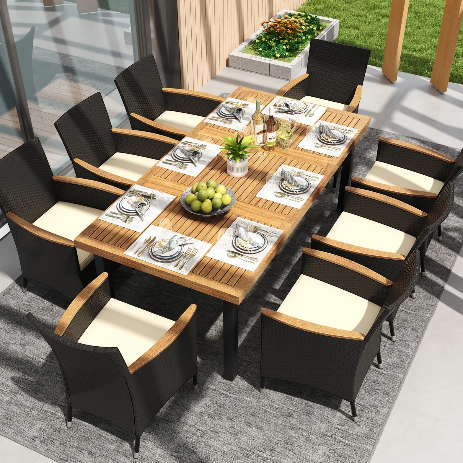 GOPLUS Table de Salle à Manger en Bois d'Acacia FSC 200 x 100 x 75 cm pour 8 Personnes avec Trou pour Parasol