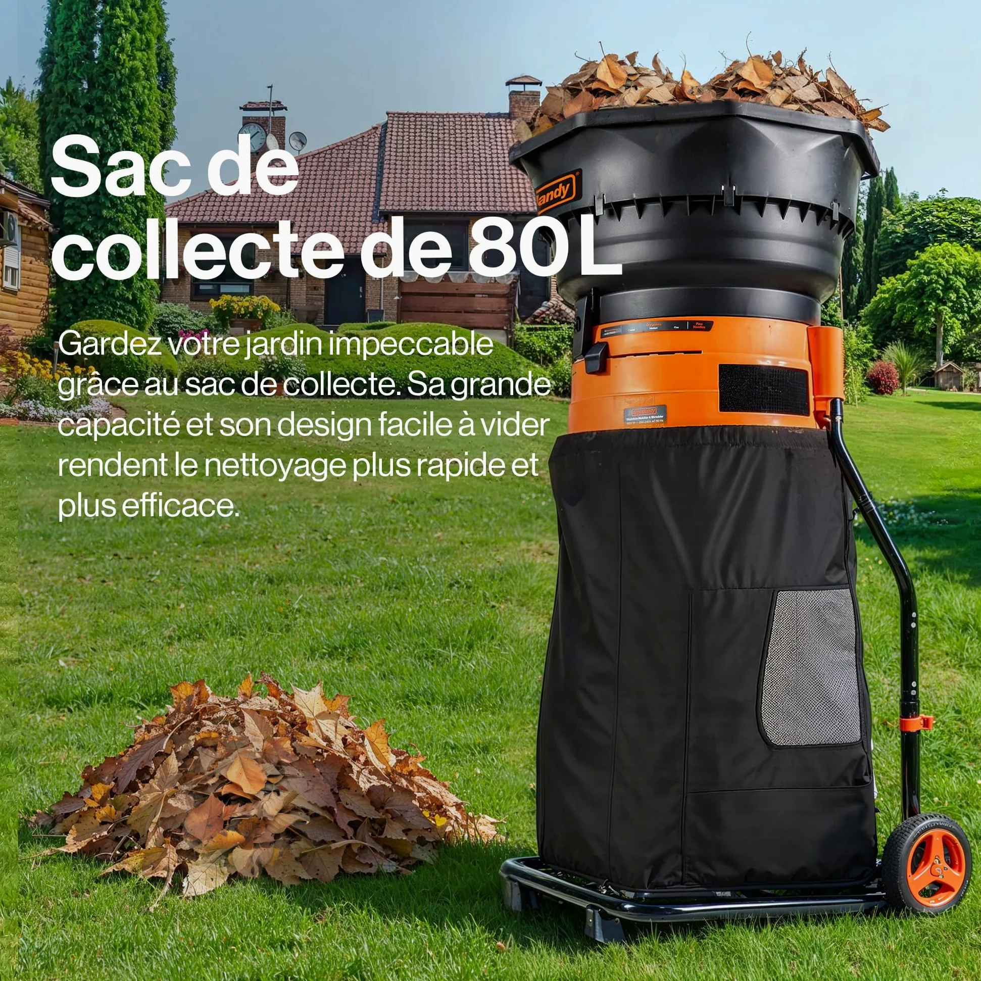 SuperHandy Mulcher & Broyeur sans lame pour feuilles de jardin, 1800 W | 8000 tr/min; Entonnoir 50 cm, réduction 16:1; léger, seulement 8,5 kg, pour broyer efficacement les feuilles