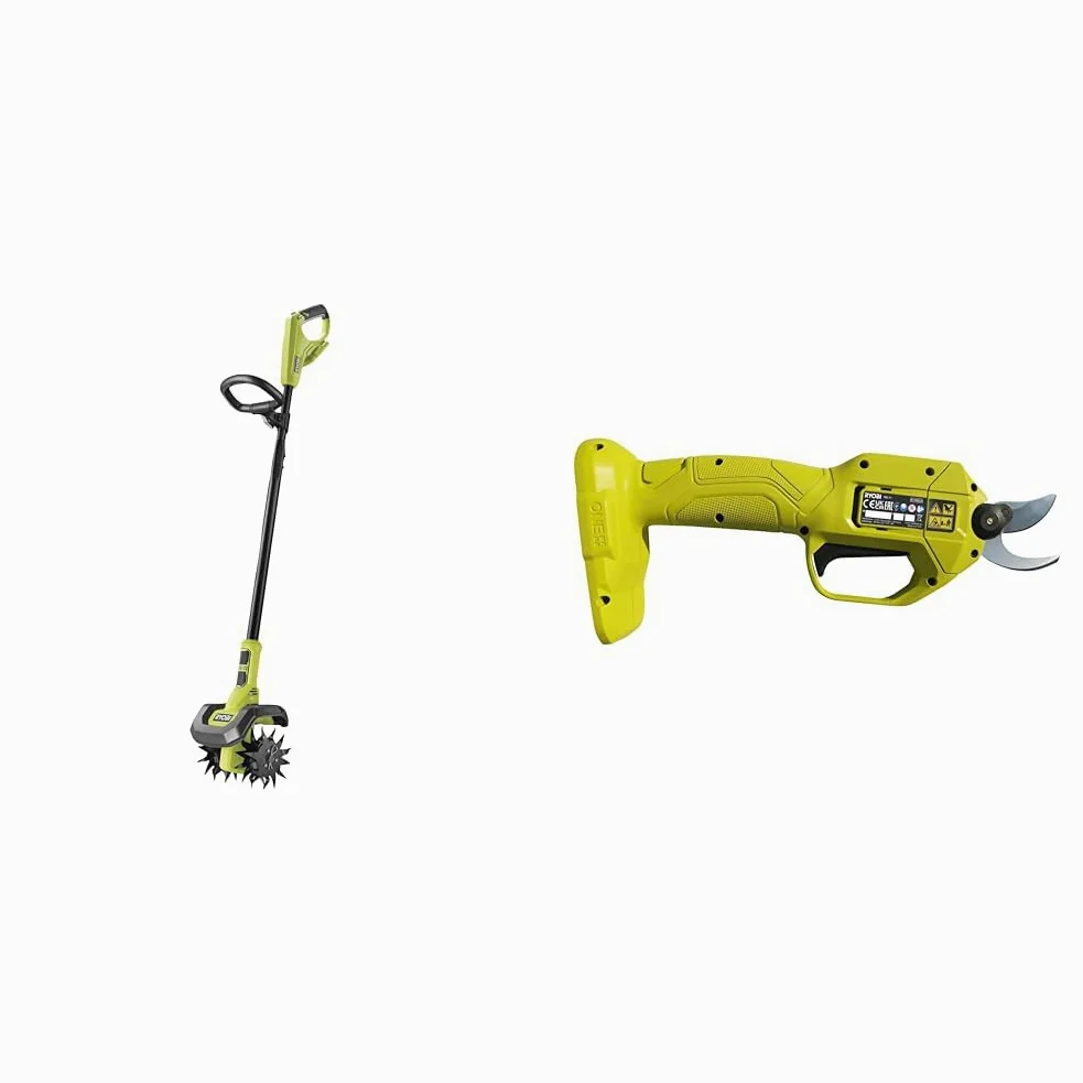 RYOBI - Bineuse 18V One+ - Largeur/Profondeur de Travail 20/10 cm - 4 Fraises & Sécateur Électrique 18V One+ - Lames Bypass Chromées en Acier Carbone Japonais SK5
