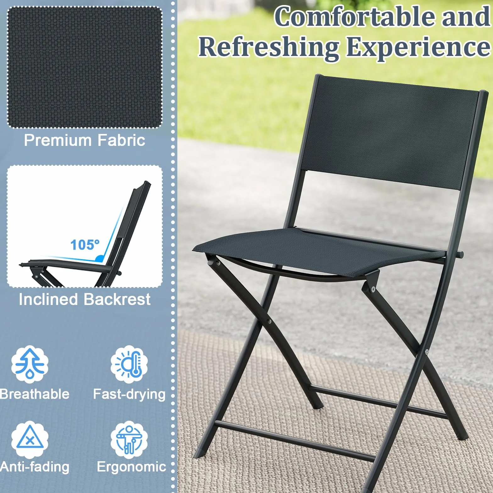 GIANTEX Ensemble Salon de Jardin 3 Pièces Table Ronde Pliante Verre Trempé 2 Chaise Pliantes Tissu Respirant Noir