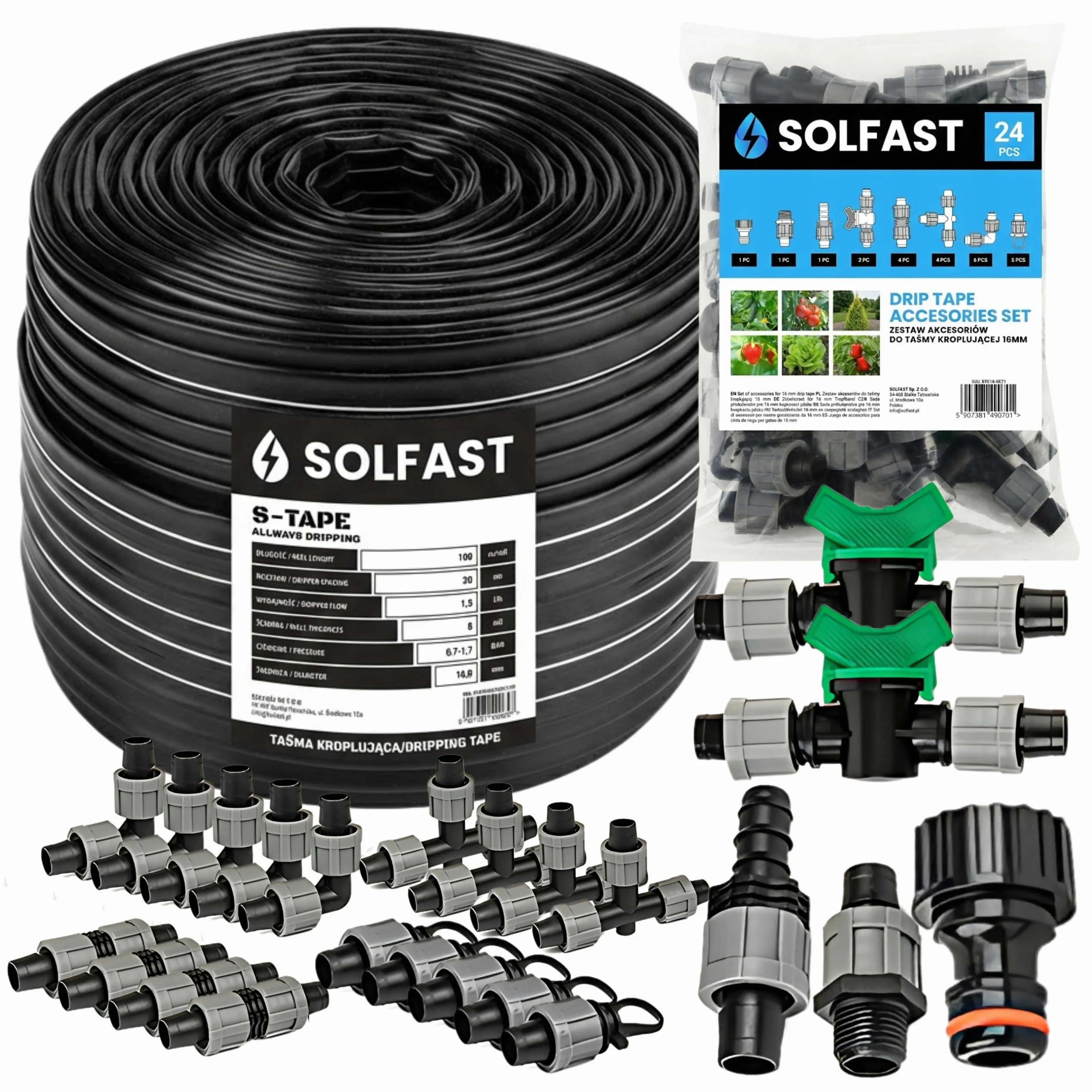 Kit tuyau d'arrosage goutte à goutte 100 m 16 mm 20 cm d'écart 1,5 l/h – Système d'irrigation complet avec accessoires (24 pièces) – Irrigation goutte à goutte pour jardin, champ et serre