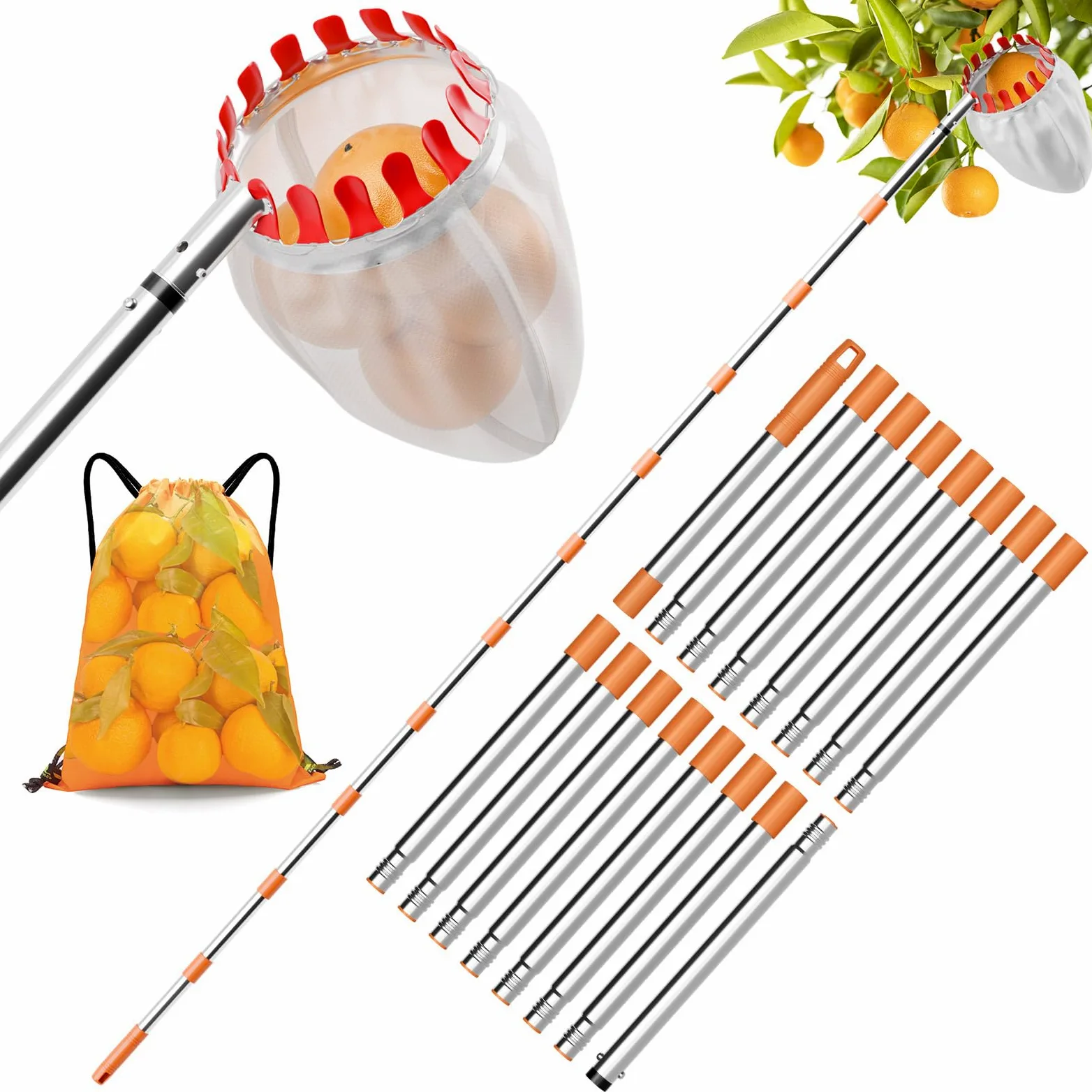 Cueilleuse à fruits avec manche télescopique de 6 m - Diamètre : 16 cm | Cueilleuse à prunes avec sac de rangement