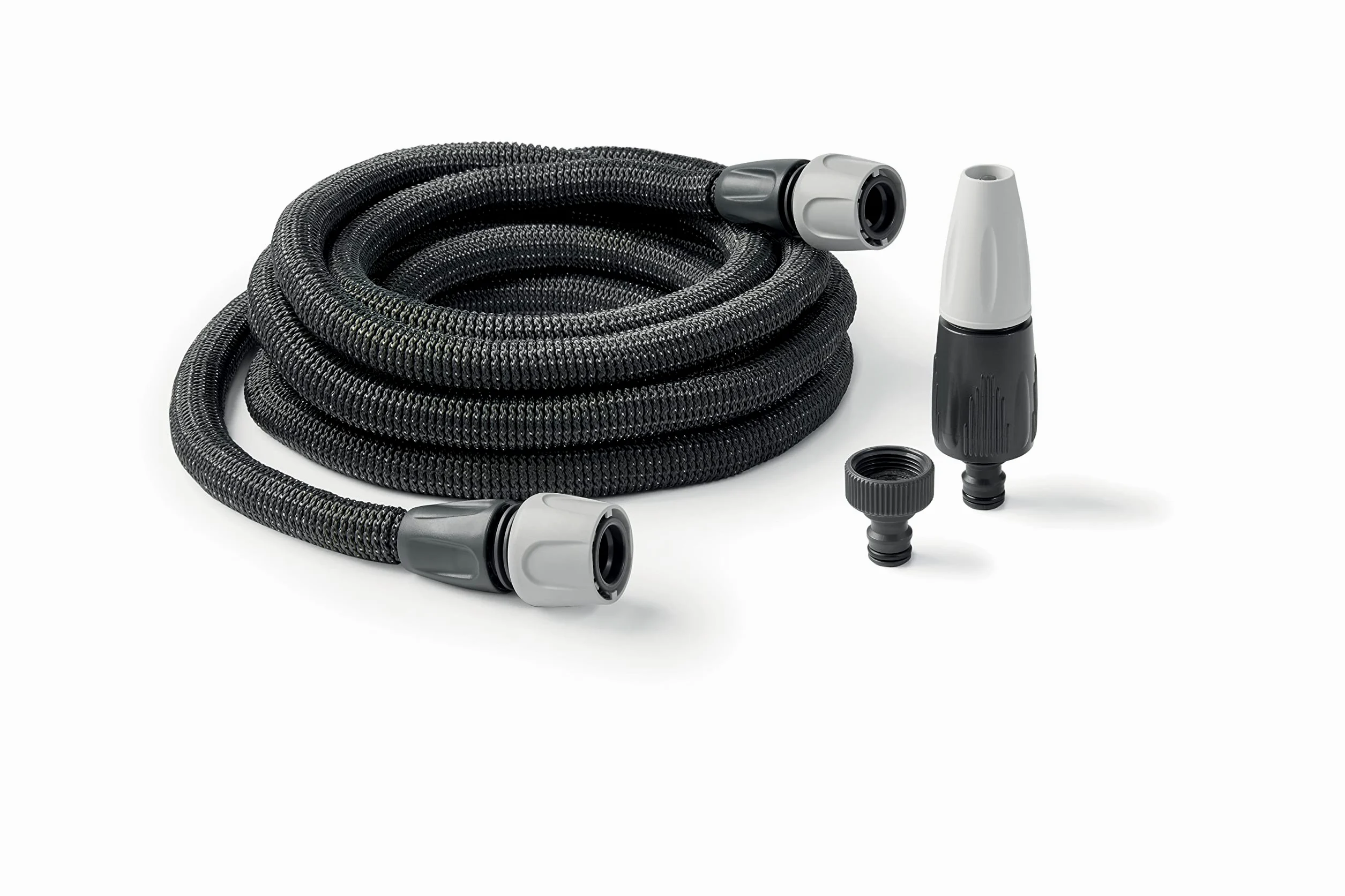 G.F. SRL Aquapop Grey Easy 10 Tuyau en tissu auto-rallongeant de 10 m, fabriqué en Italie, avec mini pulvérisateur de jardin et raccords pour arroser les jardins, gris foncé