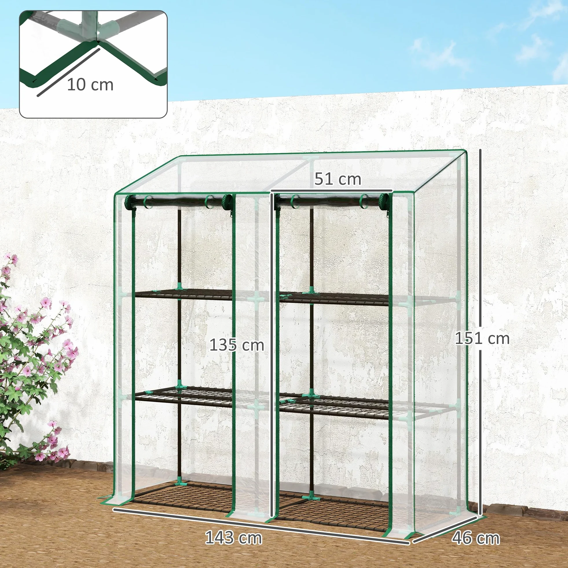 Outsunny Serre de Jardin PE Étagères 3 Niveaux 143x46x51cm Transparent | Serre de Balcon, Bâche Renforcée 140 g/m², Châssis en Acier, 2 Portes Zippées Enroulables, pour Légumes Plantes Fleurs
