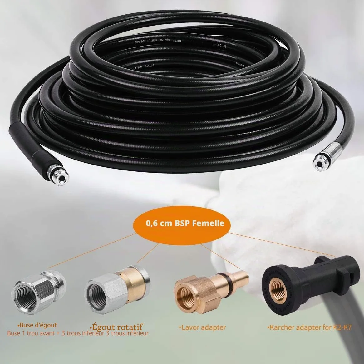 Fai Top 15M Tuyau de Nettoyage Canalisation,Kit de Nettoyage du Tuyau de Vidange du Nettoyeur Haute Pression avec Buse à Jet Et Buse à Jet Rotatif pour Karcher K2-K7 Séries Et LAVOR