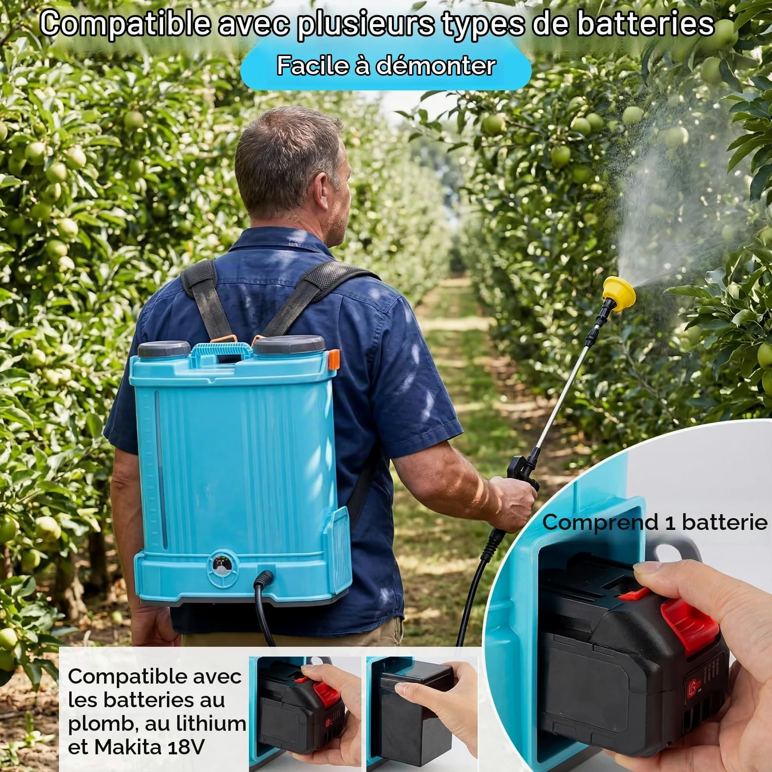 Pulvérisateur à Dos 16L, 100 PSI Pulvérisateur Électrique Compatible avec Makita 18V, 5 Buses, Perche Télescopique pour L'arrosage, Pulvérisateur de Jardin La pulvérisation de Pesticides