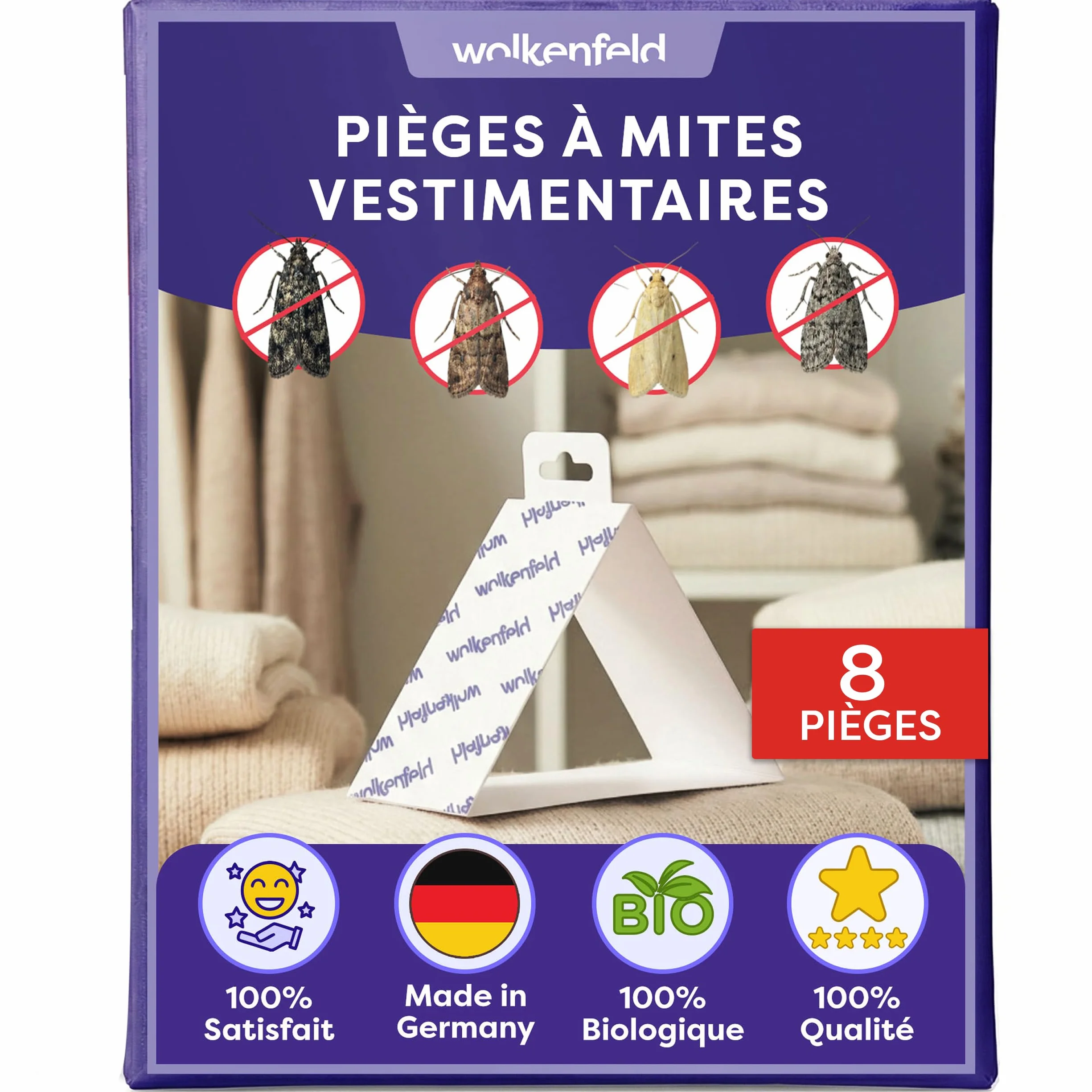 Wolkenfeld Anti Mites Textiles Piège à Mites Vêtements Adhésifs 8 Pièges Laine Cachemire 100% Naturel Fabriqué Allemagne