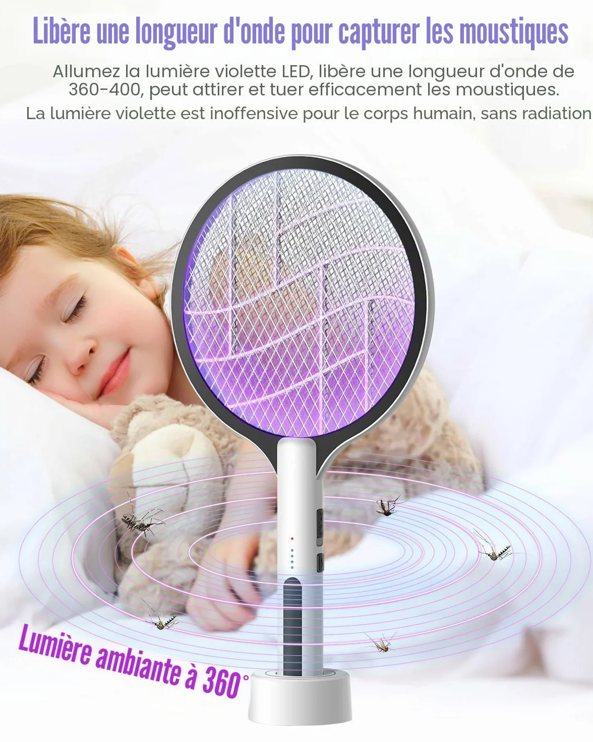 DEEZEE Raquette à mouches électrique 4500V rechargeable 2 en 1 portable tueur de moustiques violet 3 couches de sécurité