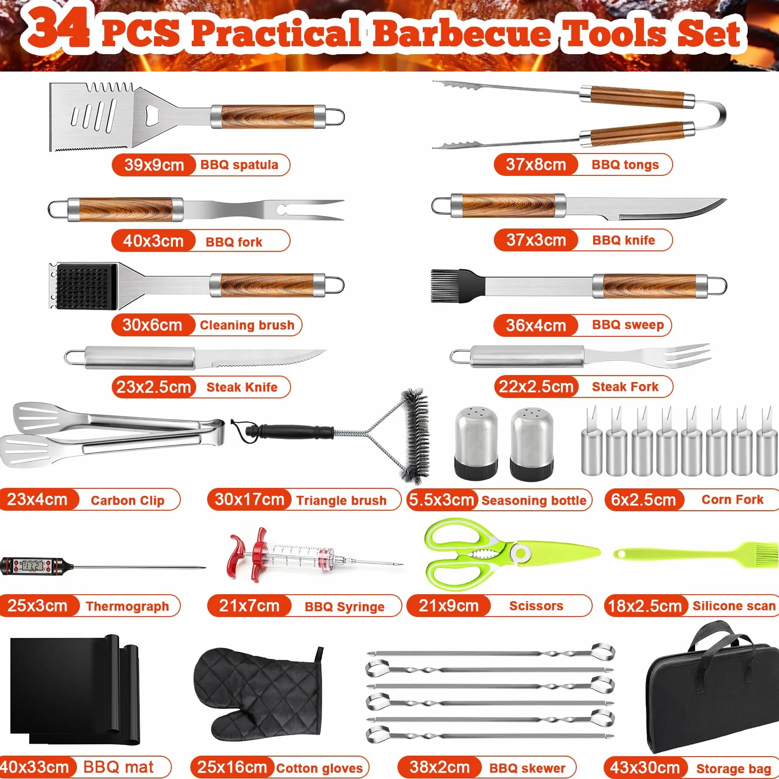 Kit Barbecue 34 Pièces, Ustensiles en Acier Inoxydable, avec Sac de Rangement et Tapis de Cuisson
