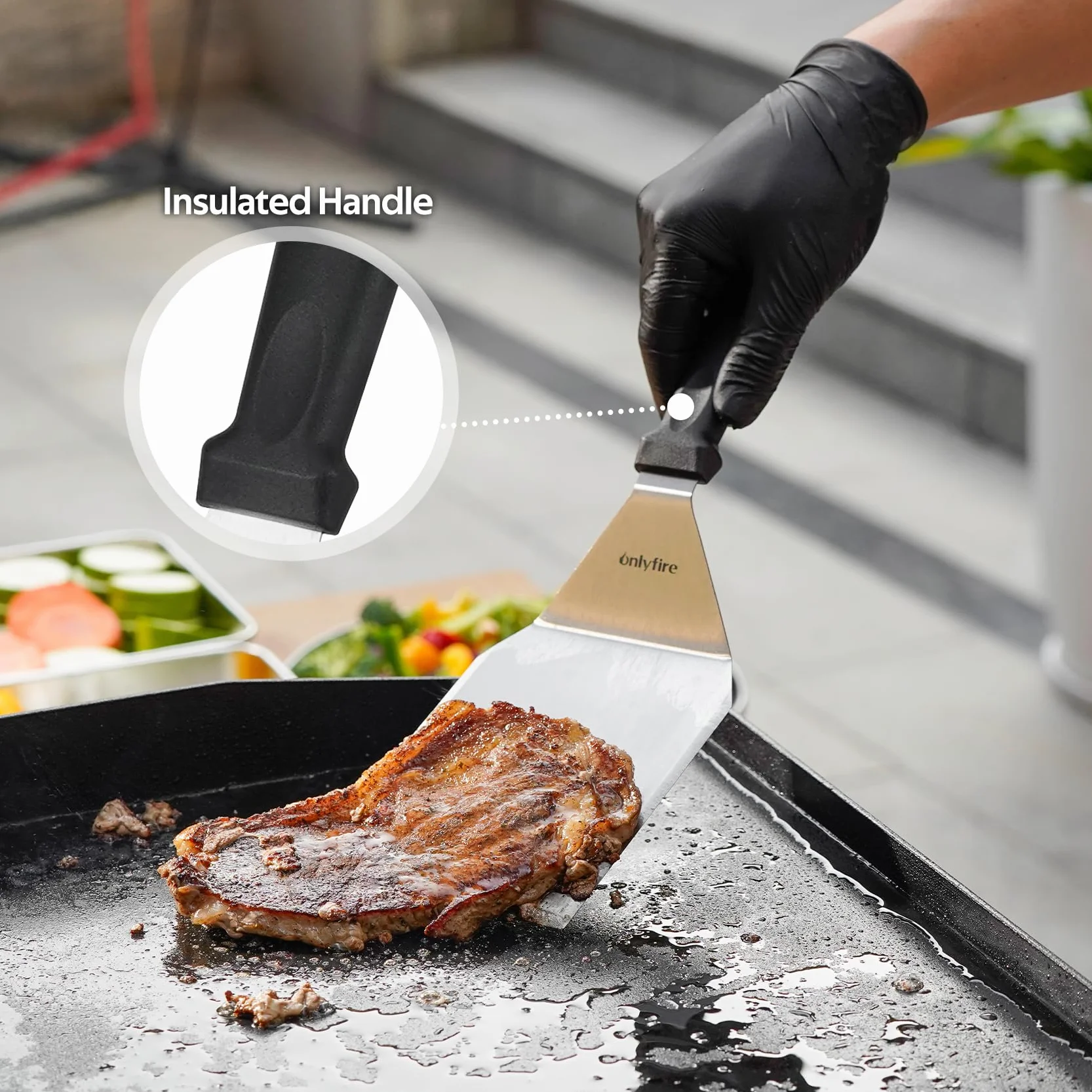Onlyfire Set Accessoires Plancha 4 Pièces – Presse Burger Fonte, Spatule Perforée, Spatules