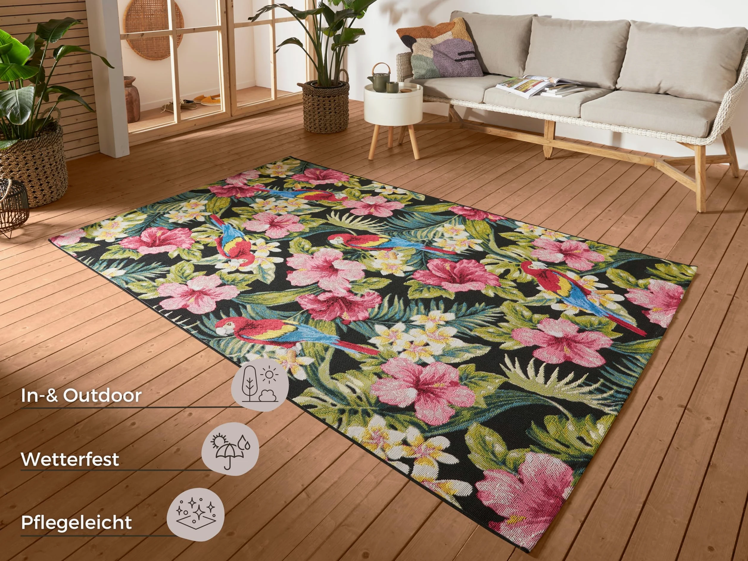 HANSE Home Tropical Feeling Tapis d'intérieur et d'extérieur - Tissé plat - Motif floral - Certifié Öko-Tex - Résistant aux intempéries et aux UV - Pour balcon, terrasse, jardin, salon - Multicolore -