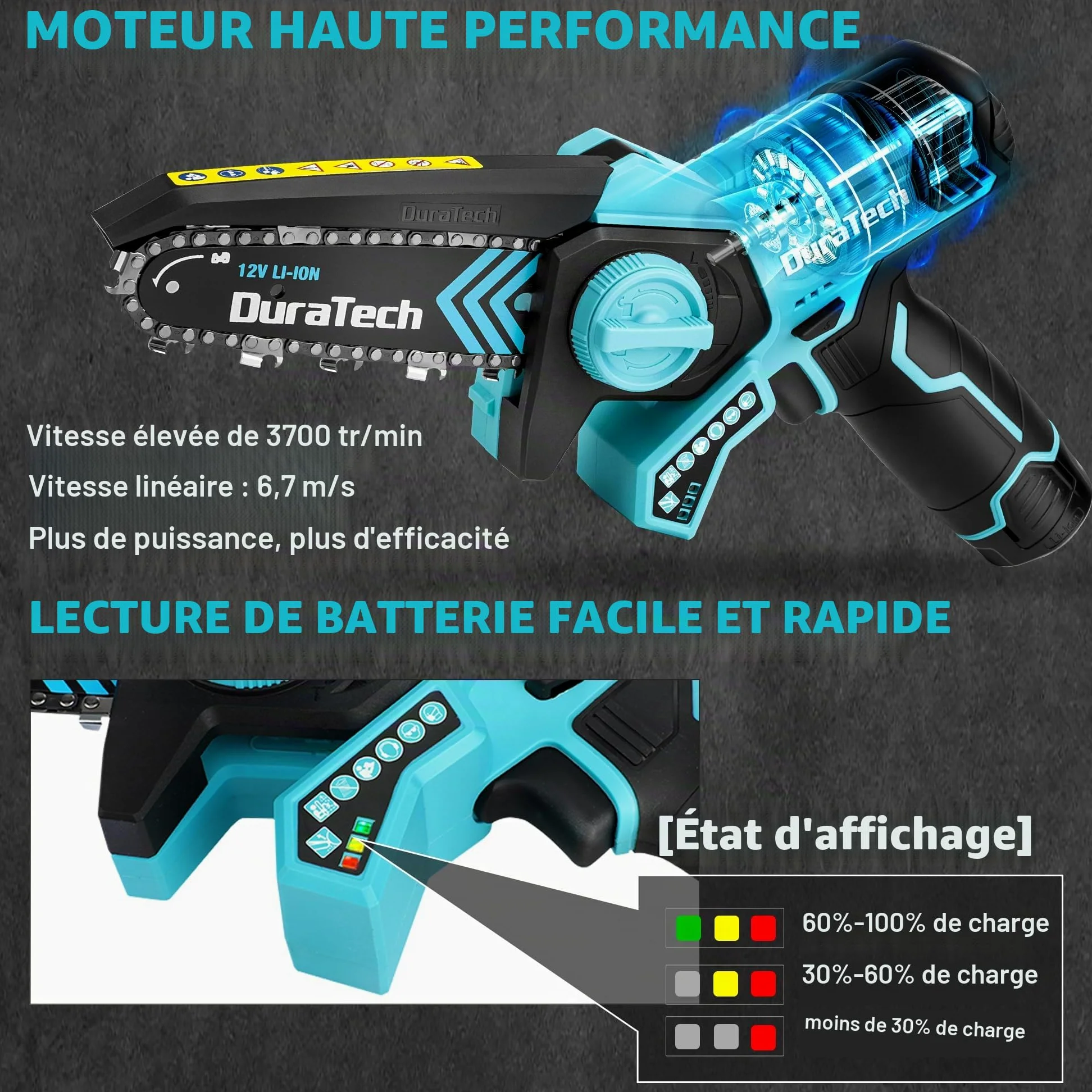 DURATECH Mini Tronçonneuse Sans Fil 12V, Scie Électrique 5 Pouces | 2 Batteries et 2 Chaînes, Idéale pour la Coupe du Bois et l'Élagage de Jardin