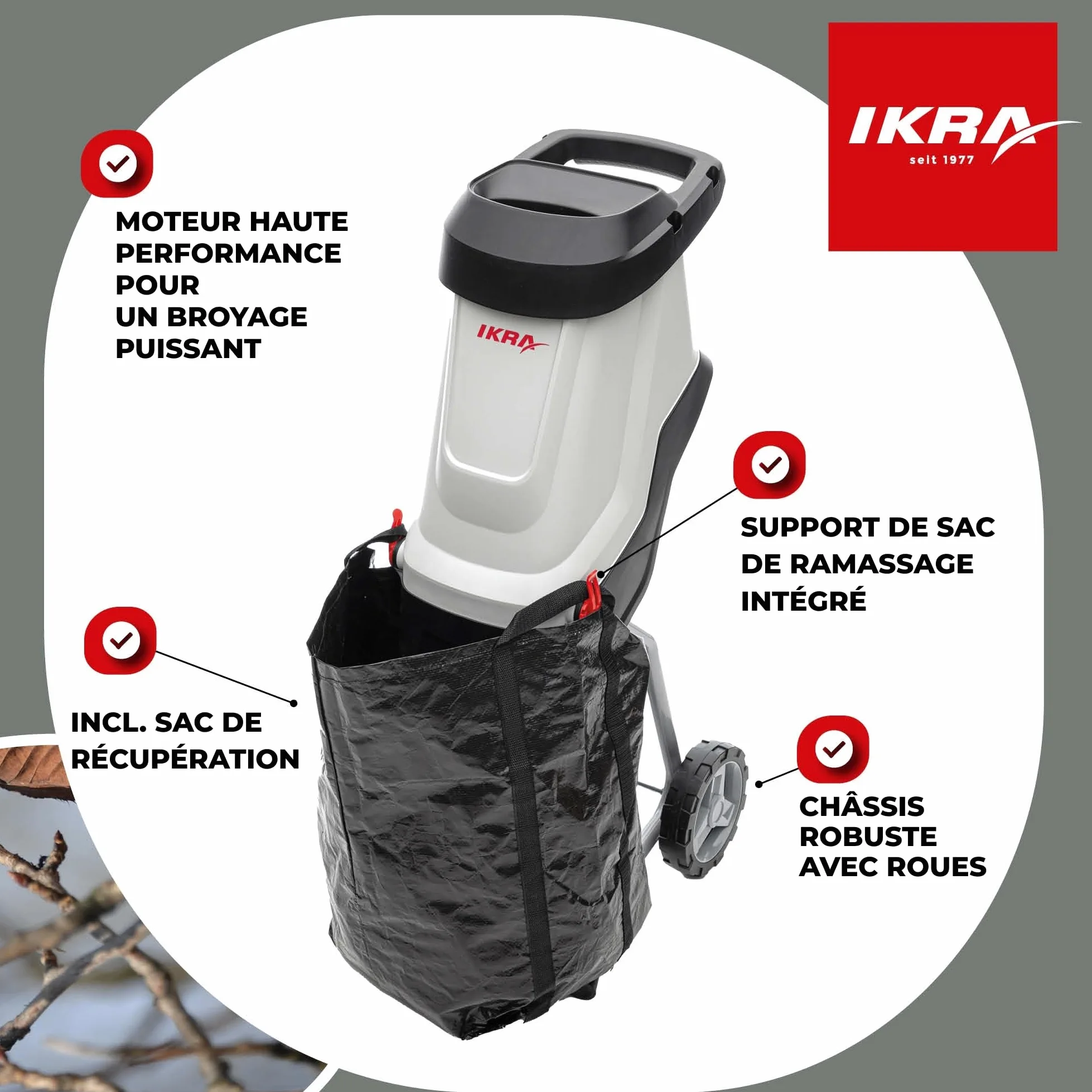 IKRA broyeur électrique IMH 2800, avec sac de ramassage de 45 l, 2800 watts | Moteur haute performance, lames réversibles durables, pour la production de paillis pour le jardin, diamètre branches 45 mm