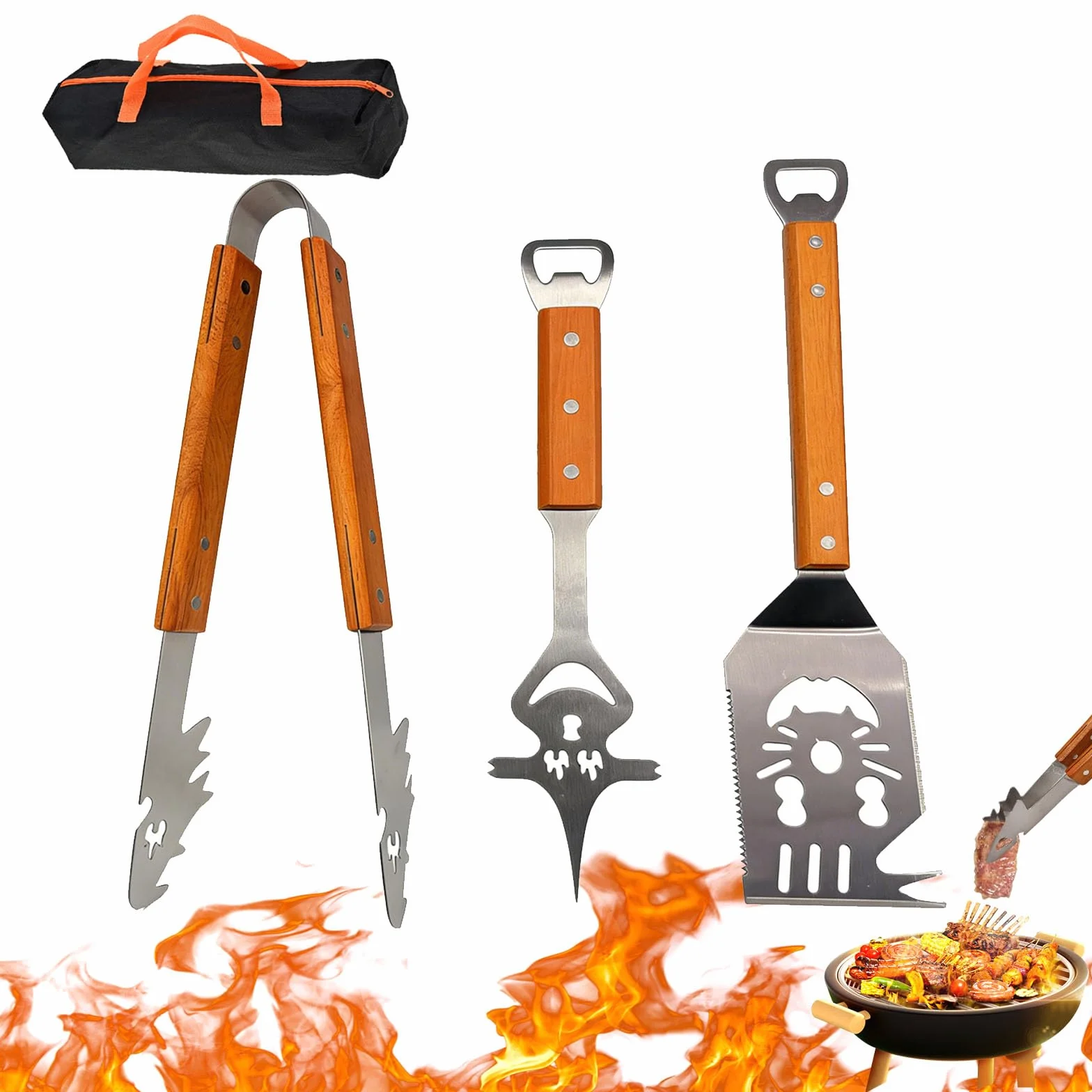 Ensemble d'Ustensiles de Barbecue Extra Longs en Acier INOX avec Poignée en Bois