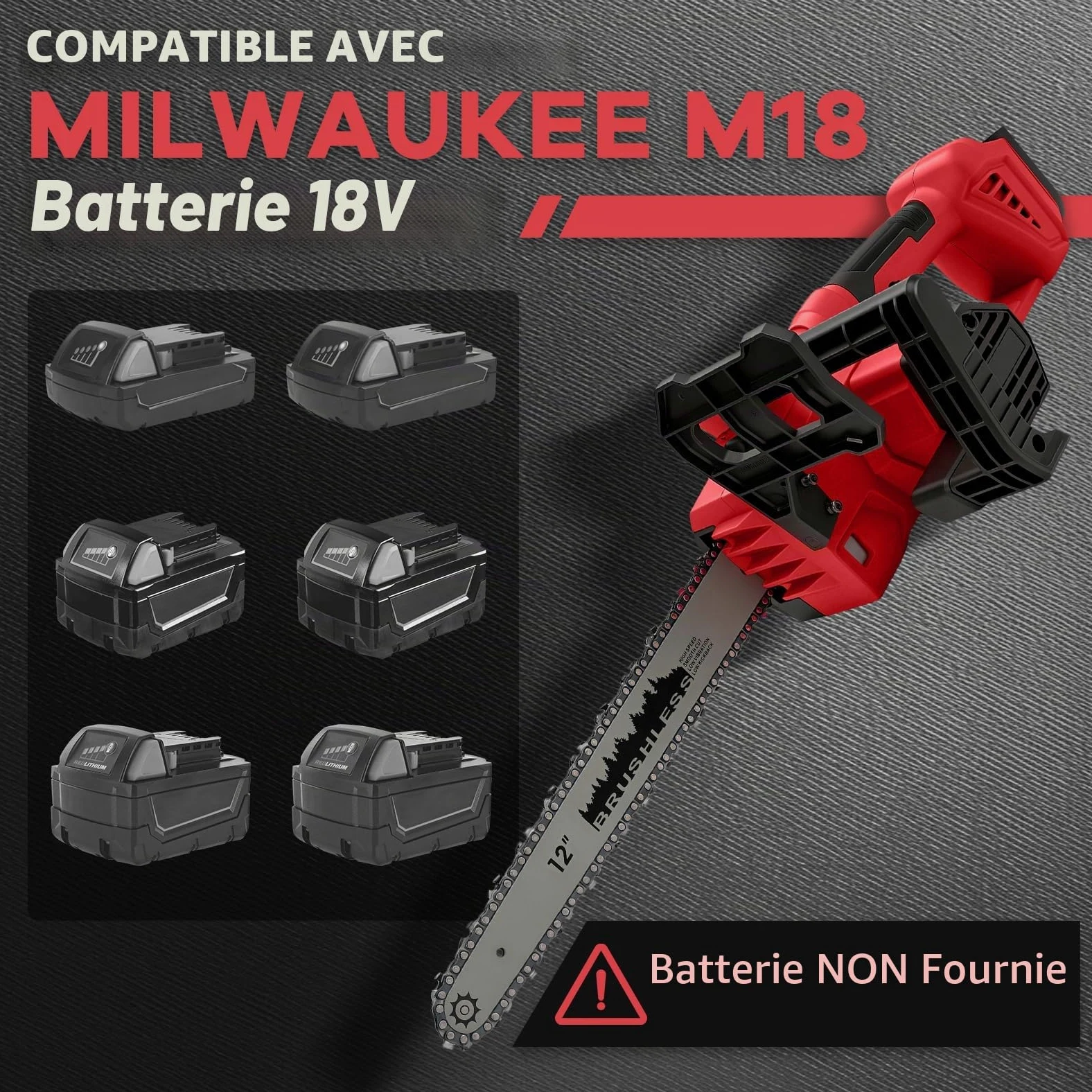 WingFly Tronçonneuse électrique sans fil 12" pour Milwaukee M18 18 V | moteur sans balais, lame de 30 cm, vitesse de chaîne 10 m/s, système de lubrification automatique (sans batterie)